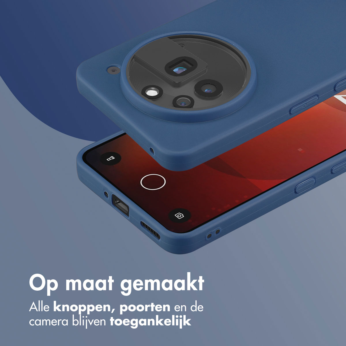 Een blauwe telefoonhoes wordt getoond met een telefoon. De hoes heeft een cirkel rond de camera.