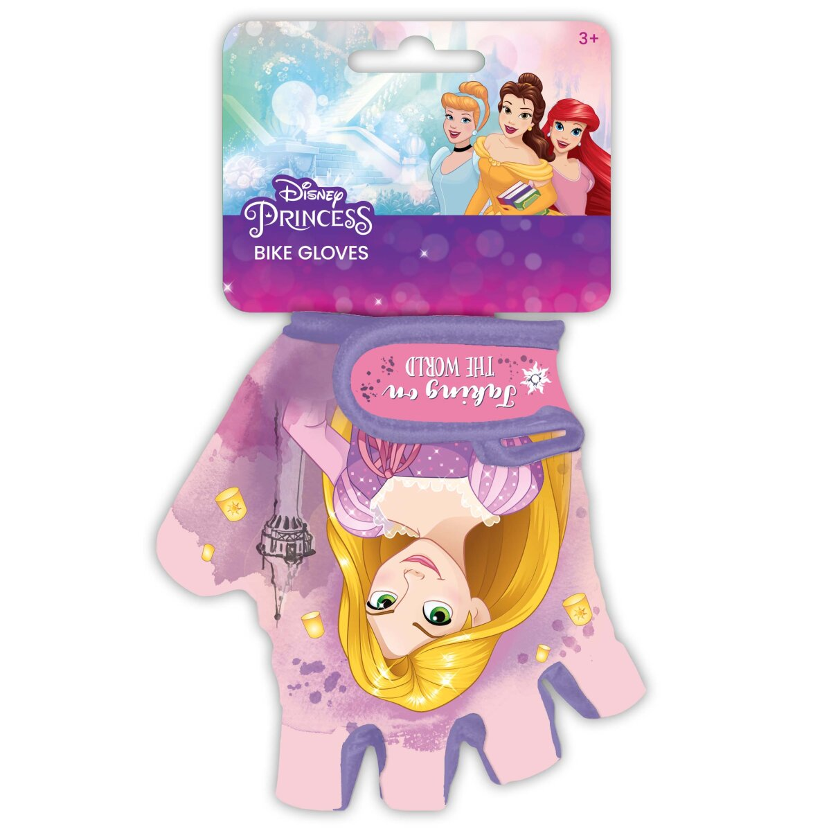 Disney Prinzessinnen-Fahrradhandschuhe mit Rapunzel-Design, rosa und lila Farbschema.