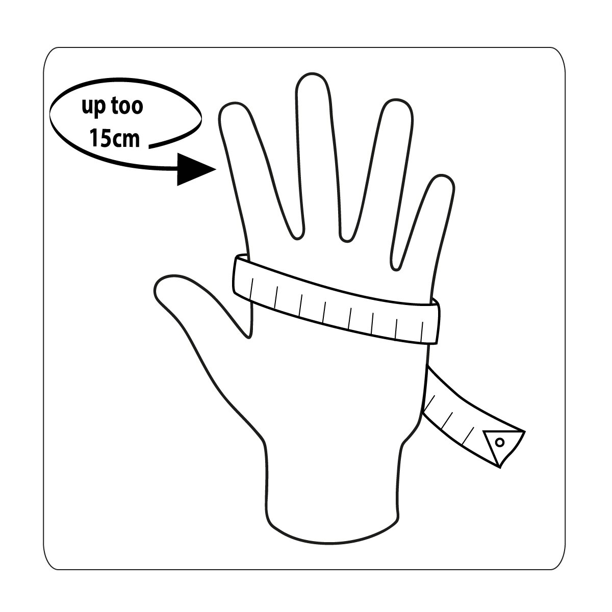Eine Hand mit einem Maßband darum gewickelt, die Messung zeigt 15 cm.