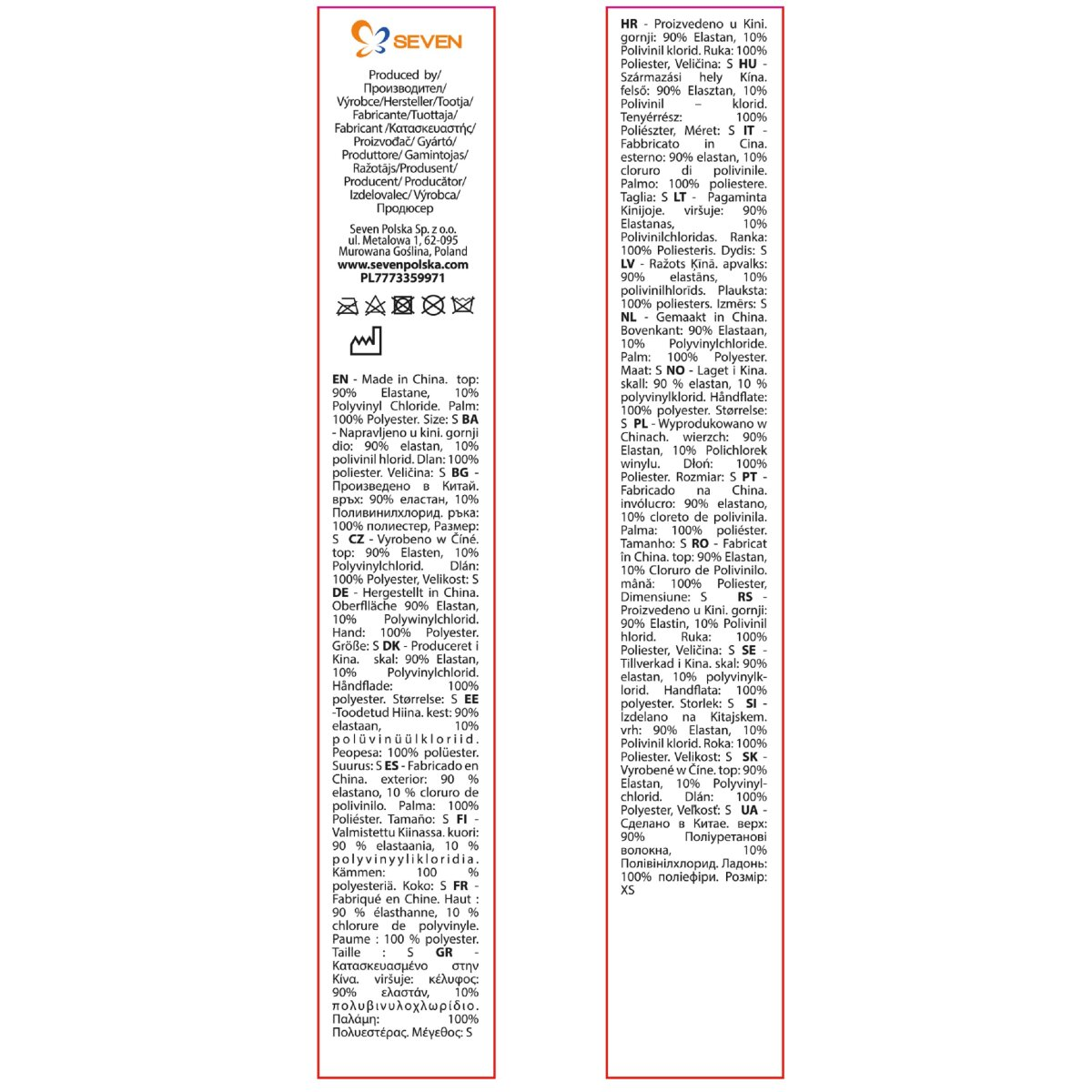 Ein Produktinformationstag mit Text in mehreren Sprachen und einer Grafik mit Symbolen.