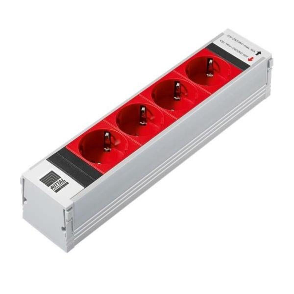 Listwa zasilająca z czterema czerwonymi gniazdami. Listwa jest srebrna i biała.