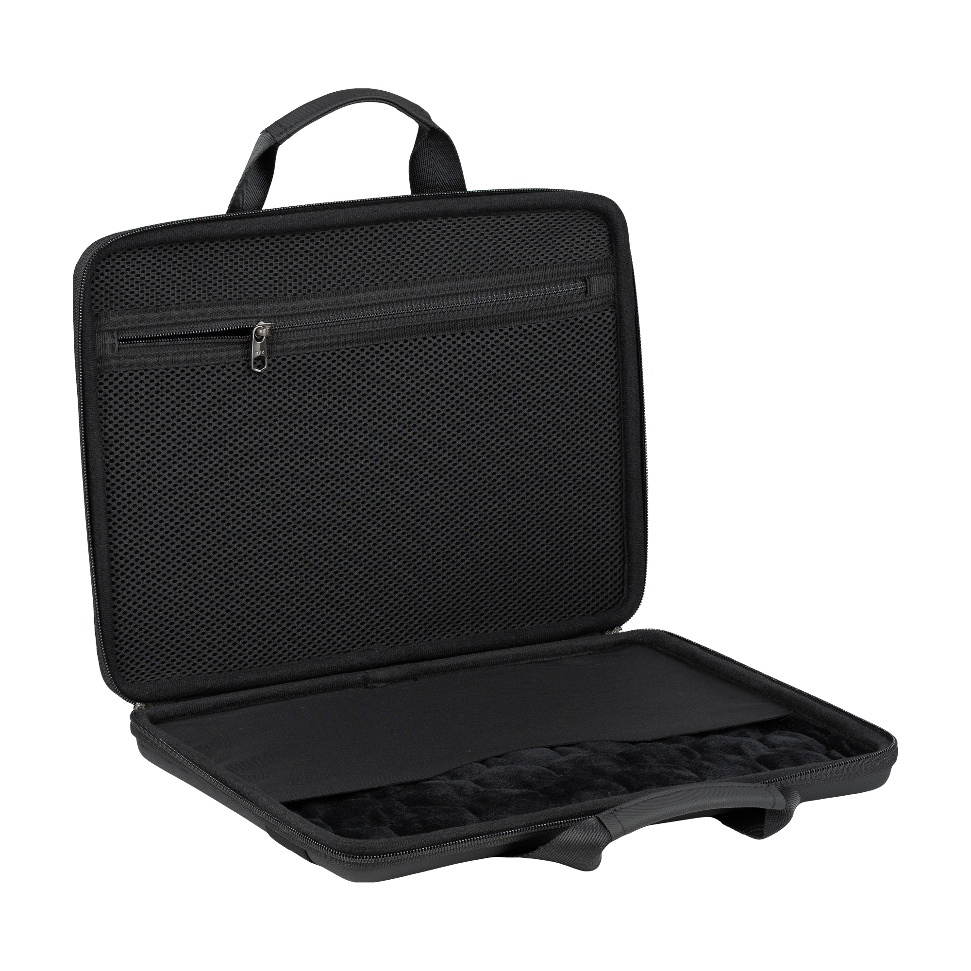 Czarna torba na laptopa, otwarta. Widoczne wnętrze, kieszeń z siatki i czarna powierzchnia.