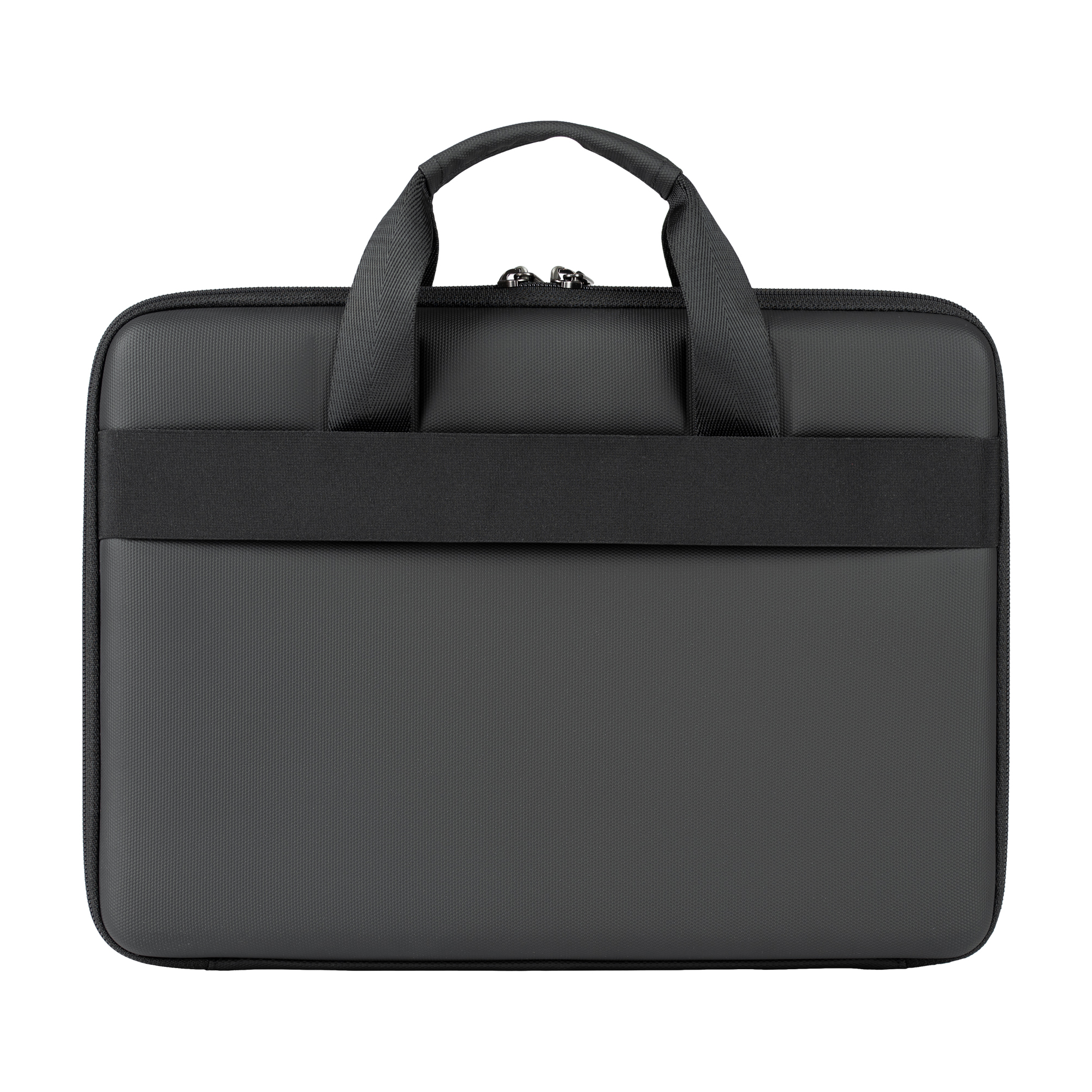Czarna torba na laptopa z uchwytem i paskiem. Torba jest gładka i ma teksturowaną powierzchnię. Na białym tle.