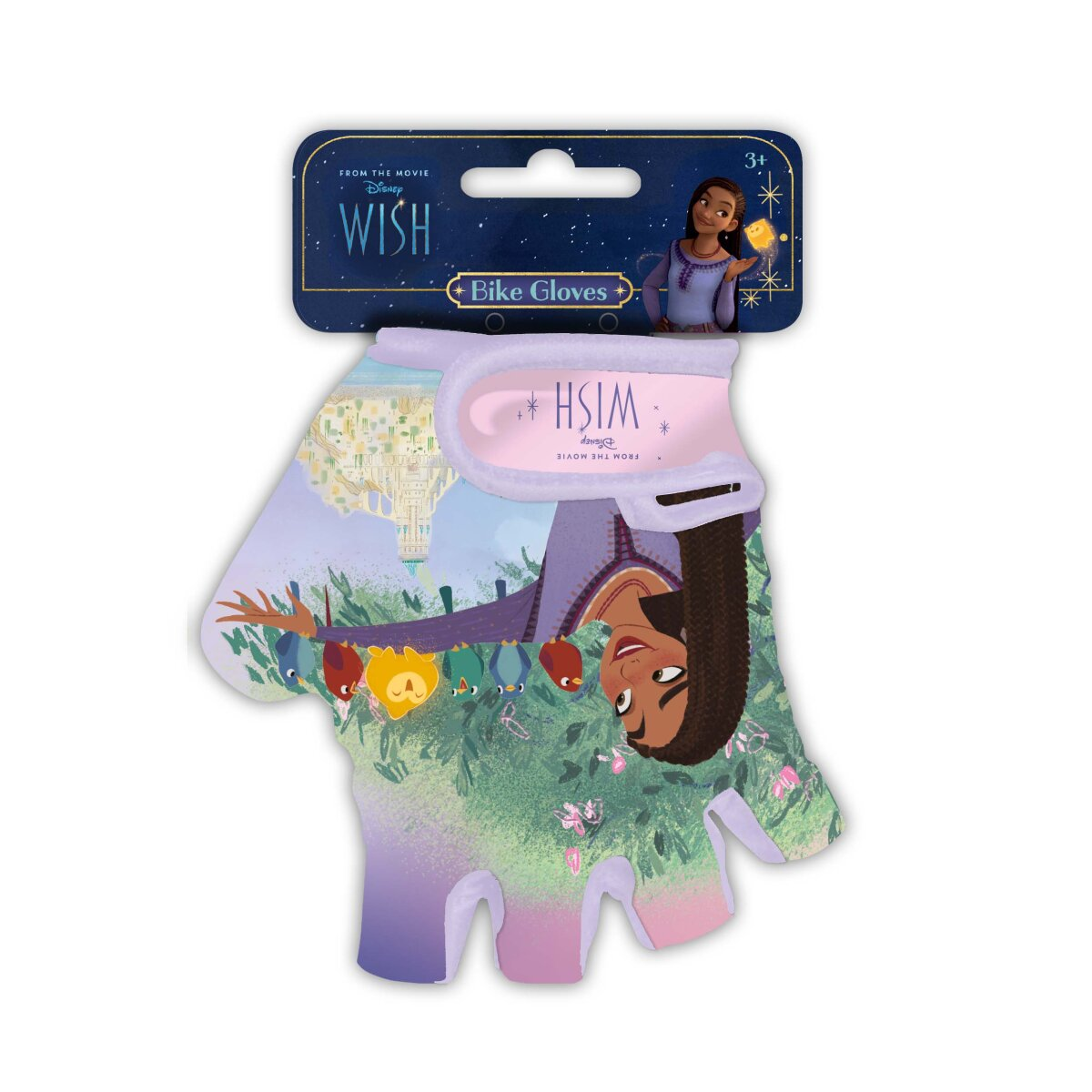 Disney Wish Fahrradhandschuhe auf weißem Hintergrund, mit einer Figur und Logo.