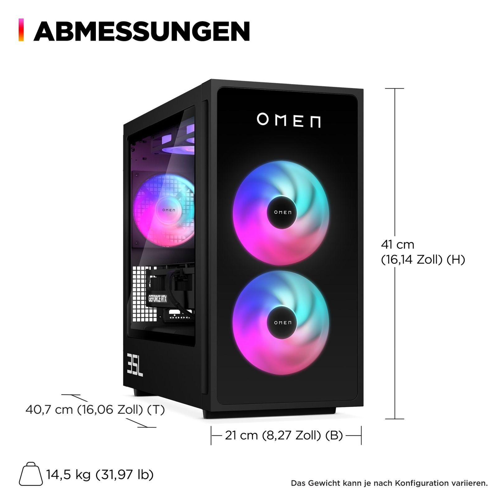 Un case per computer nero con ventole colorate. Dimensioni e specifiche sono visualizzate.
