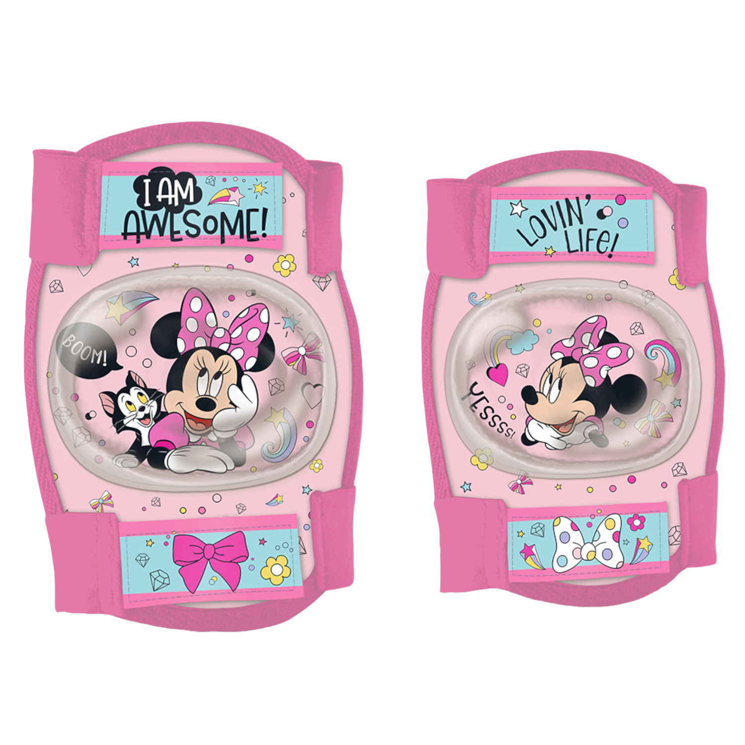 Zwei rosa Minnie Mouse Knieschützer mit unterschiedlichen Designs und Texten auf weißem Hintergrund.