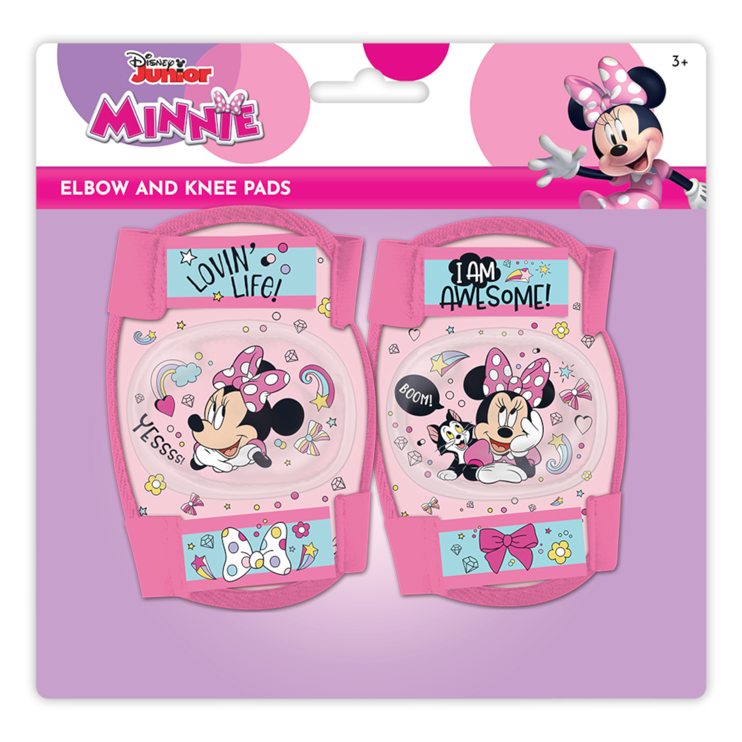 Rosa Minnie Mouse Ellbogen- und Knieschützer auf weißem Hintergrund.