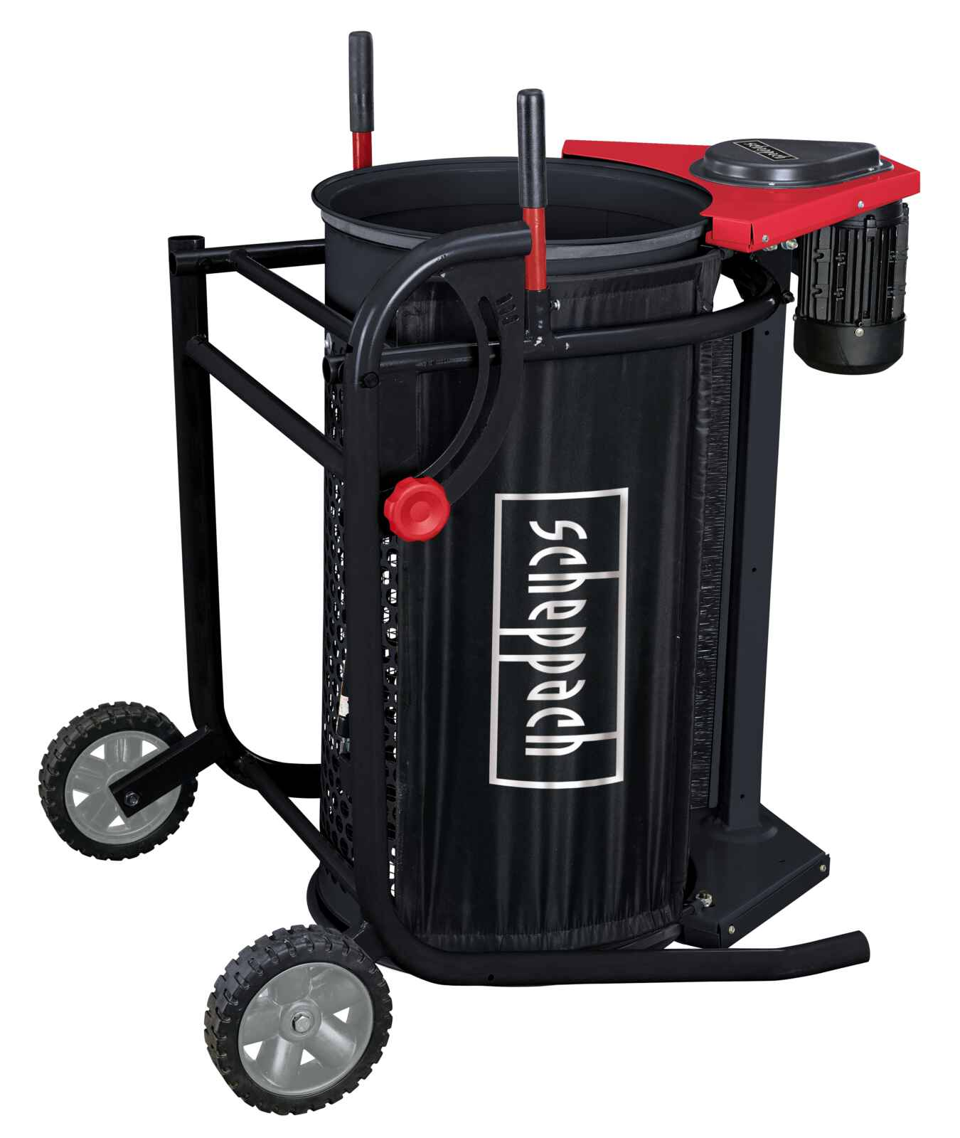 Een zwarte en rode machine met wielen voor composteren. Het woord "Scheppach" is zichtbaar.