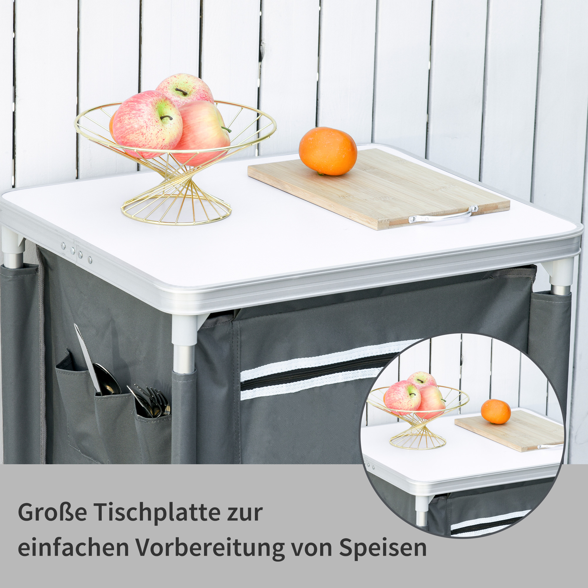 Tisch mit Obstschale, Schneidebrett. Graue Aufbewahrung darunter, weißer Hintergrund und Textüberlagerung.