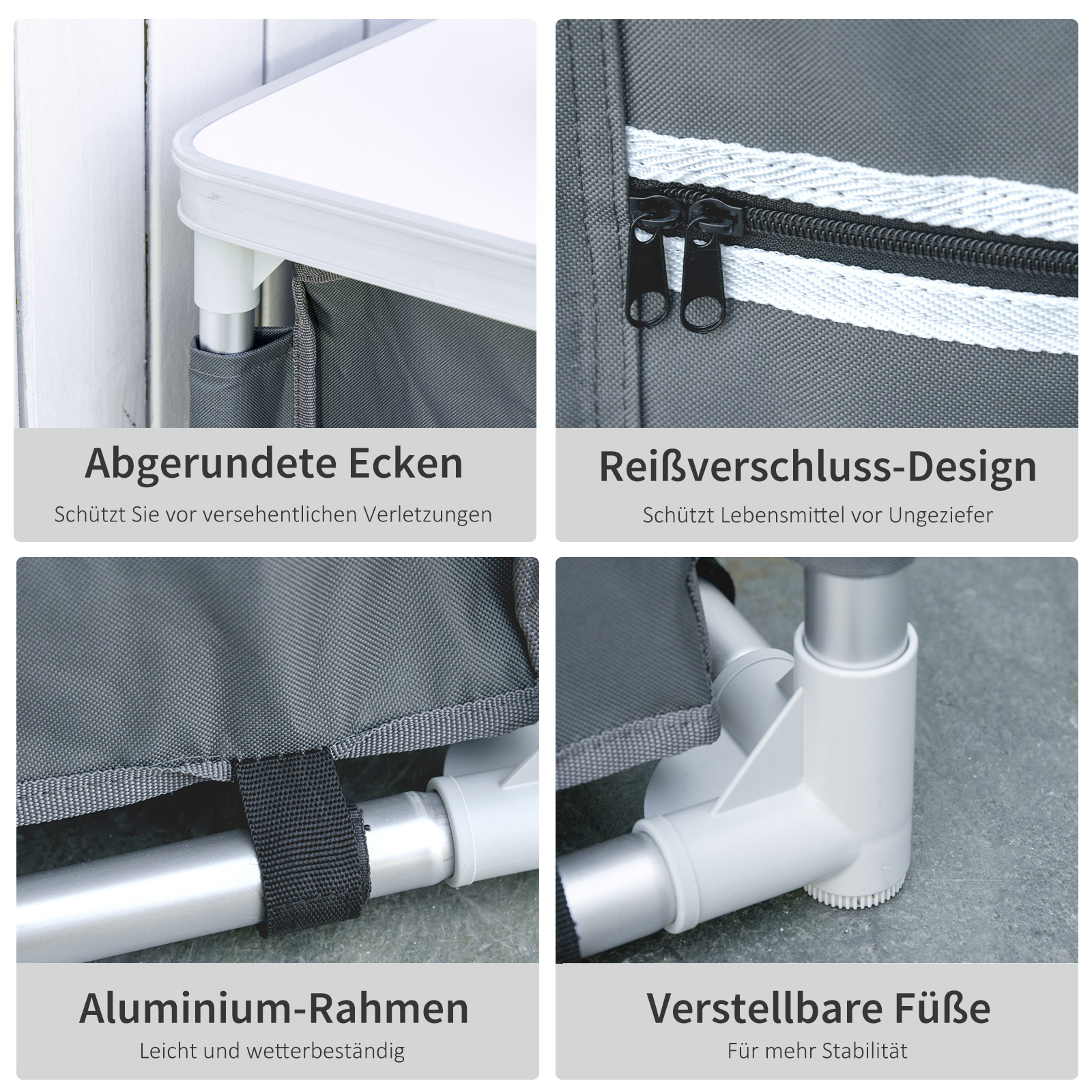 Nahaufnahme einer Tischkante mit Textbeschriftungen. Merkmale sind abgerundete Ecken, Reißverschluss, Aluminiumrahmen, verstellbare Füße.