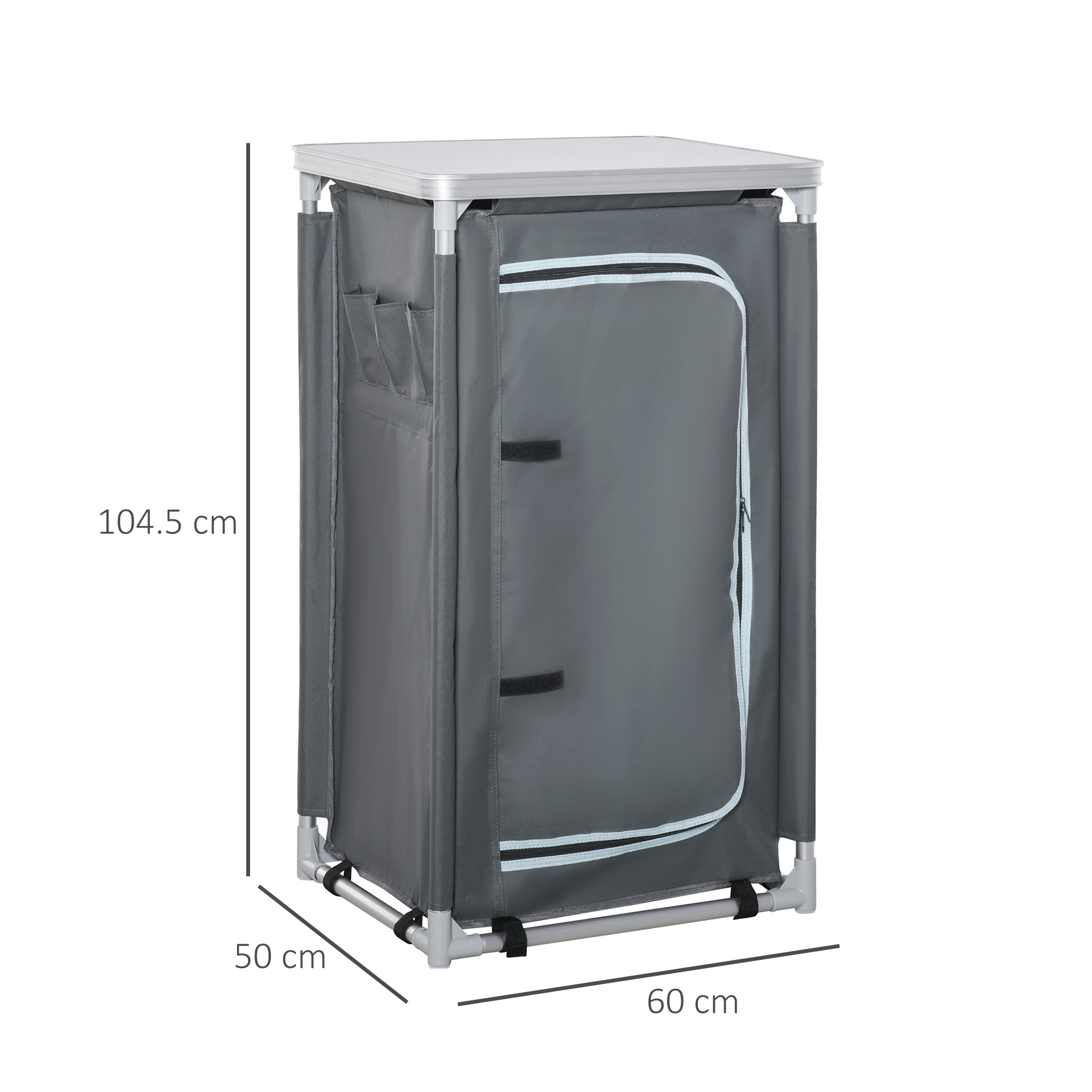 Grauer Stauschrank mit den Maßen: 104,5 cm Höhe, 50 cm Breite, 60 cm Länge.