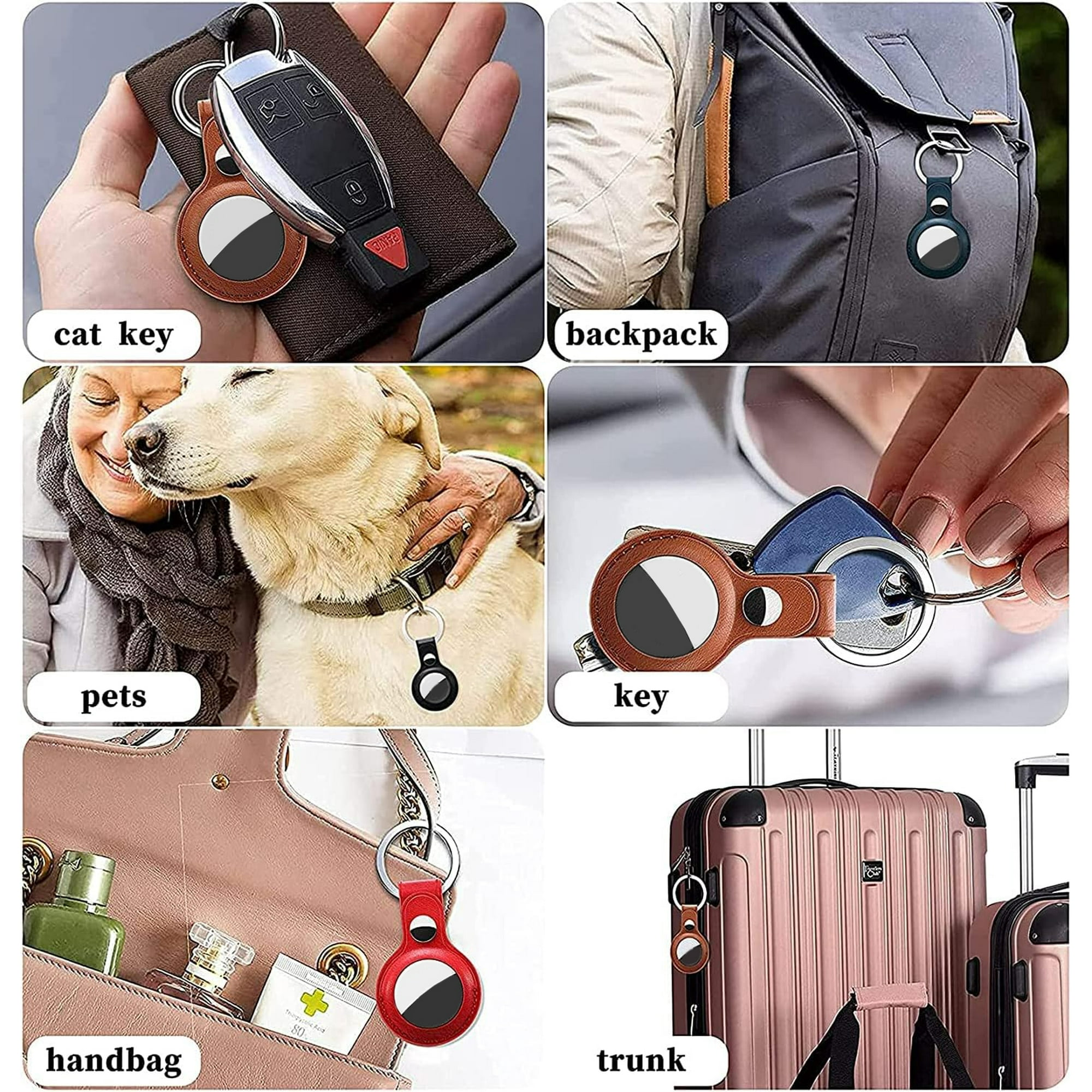 Collage mit Schlüsselanhängern an Schlüsseln, Rucksack, Haustieren, Schlüssel, Handtasche und Koffer.