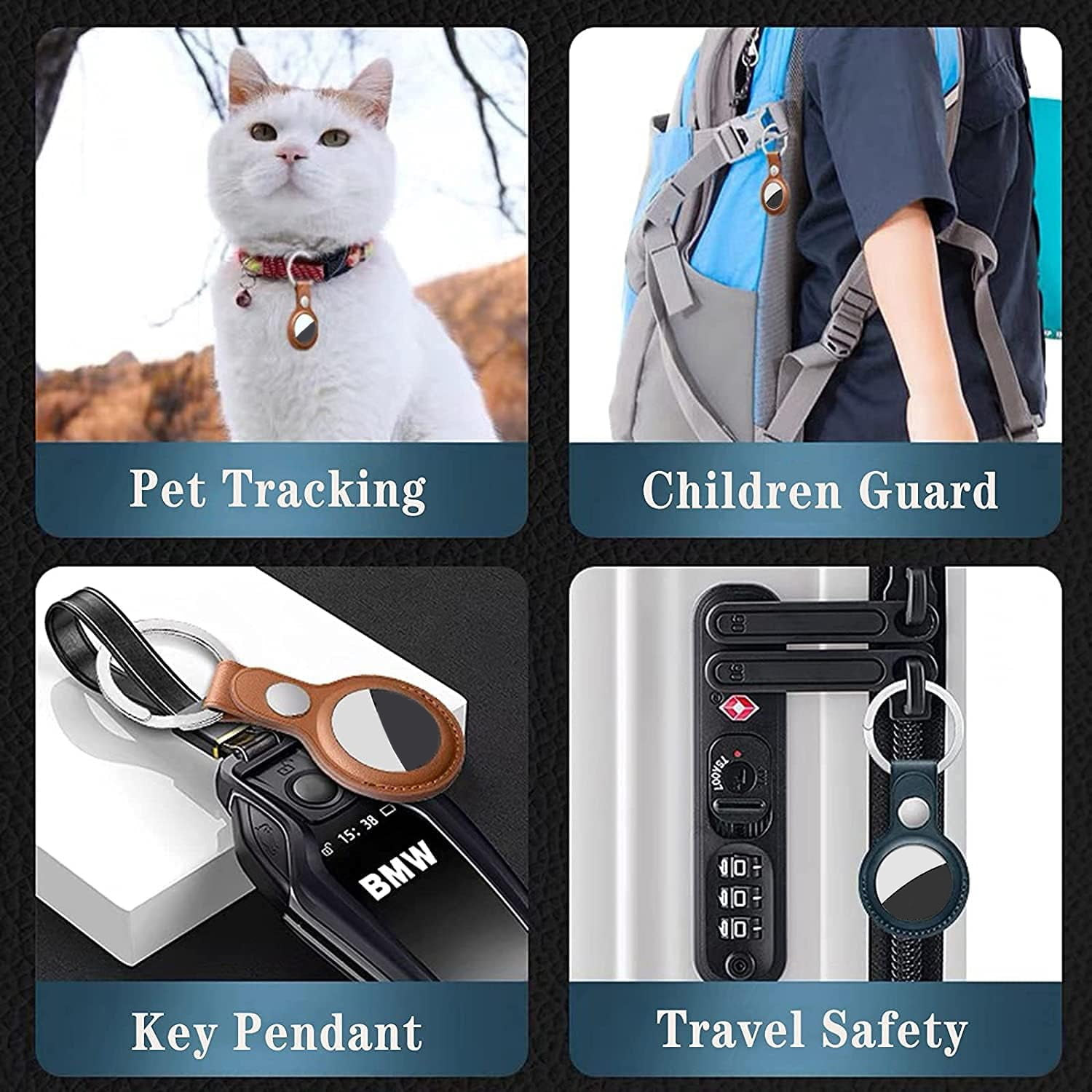 Eine Collage mit Katze, Rucksack, Schlüssel und Koffer mit angebrachten Schlüsselanhängern.