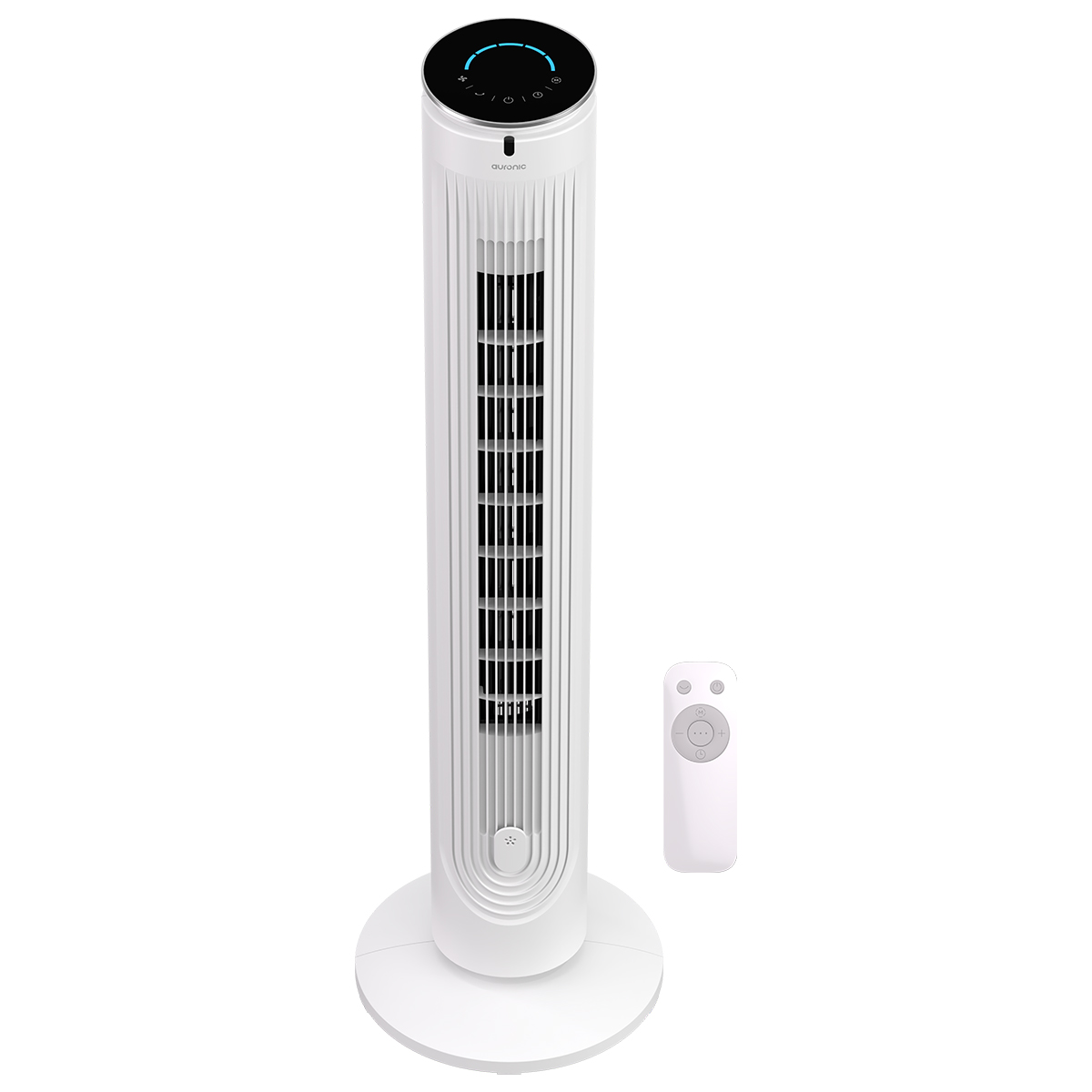 Ein weißer Turmventilator mit Fernbedienung.