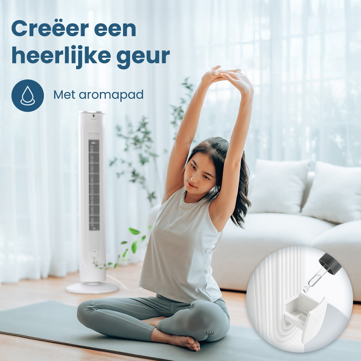 Frau dehnt sich in der Nähe eines weißen Ventilators. Der Text lautet 'Erstellen Sie einen schönen Duft'. Ein Diagramm zeigt das Hinzufügen zu einem Aromapad.