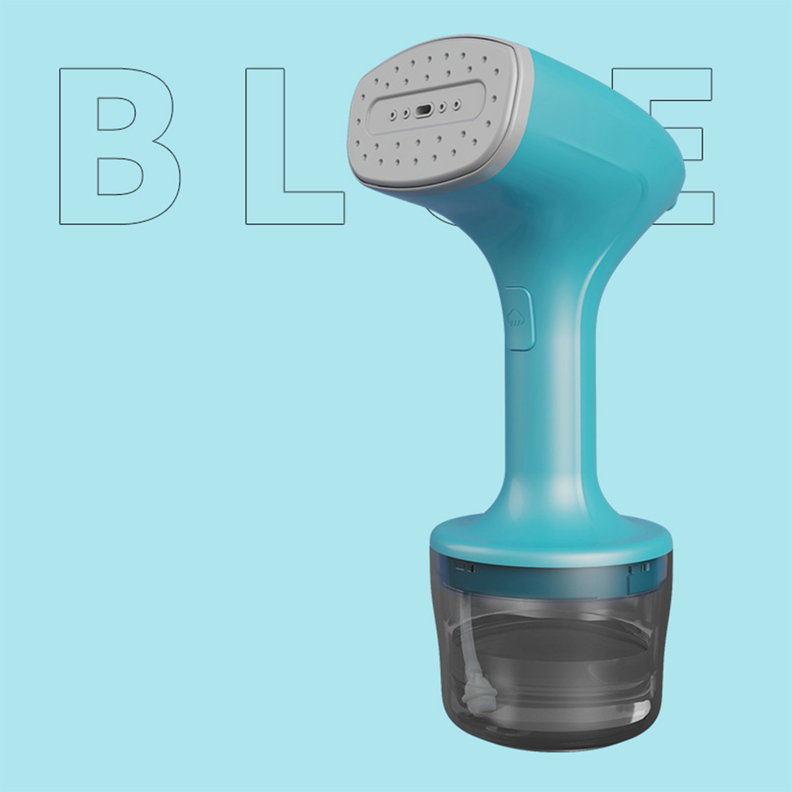 Ein blauer Kleidungsdampfer mit Wassertank, mit dem Wort BLAU darüber.