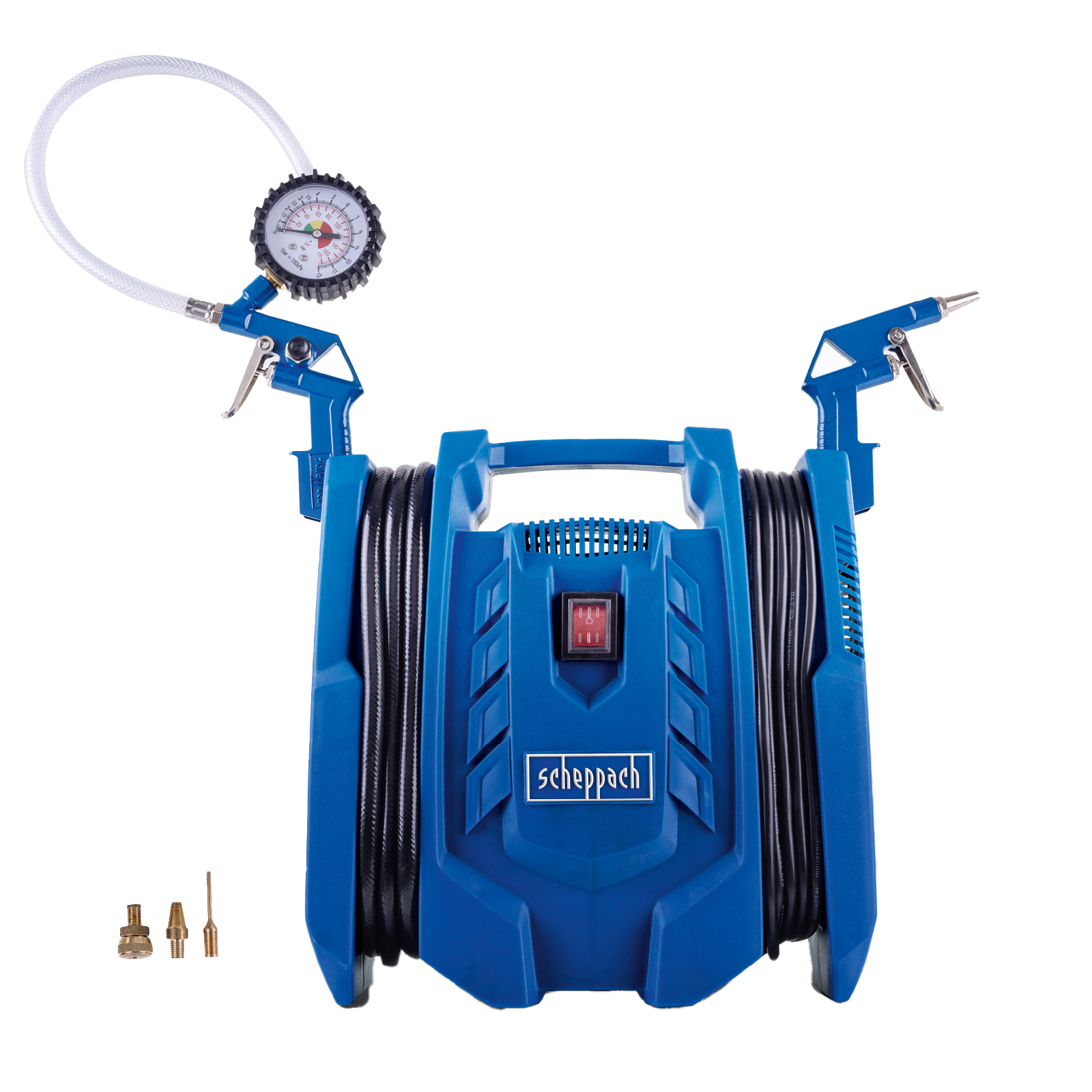 Blauwe en zwarte Scheppach luchtcompressor met accessoires, witte achtergrond.