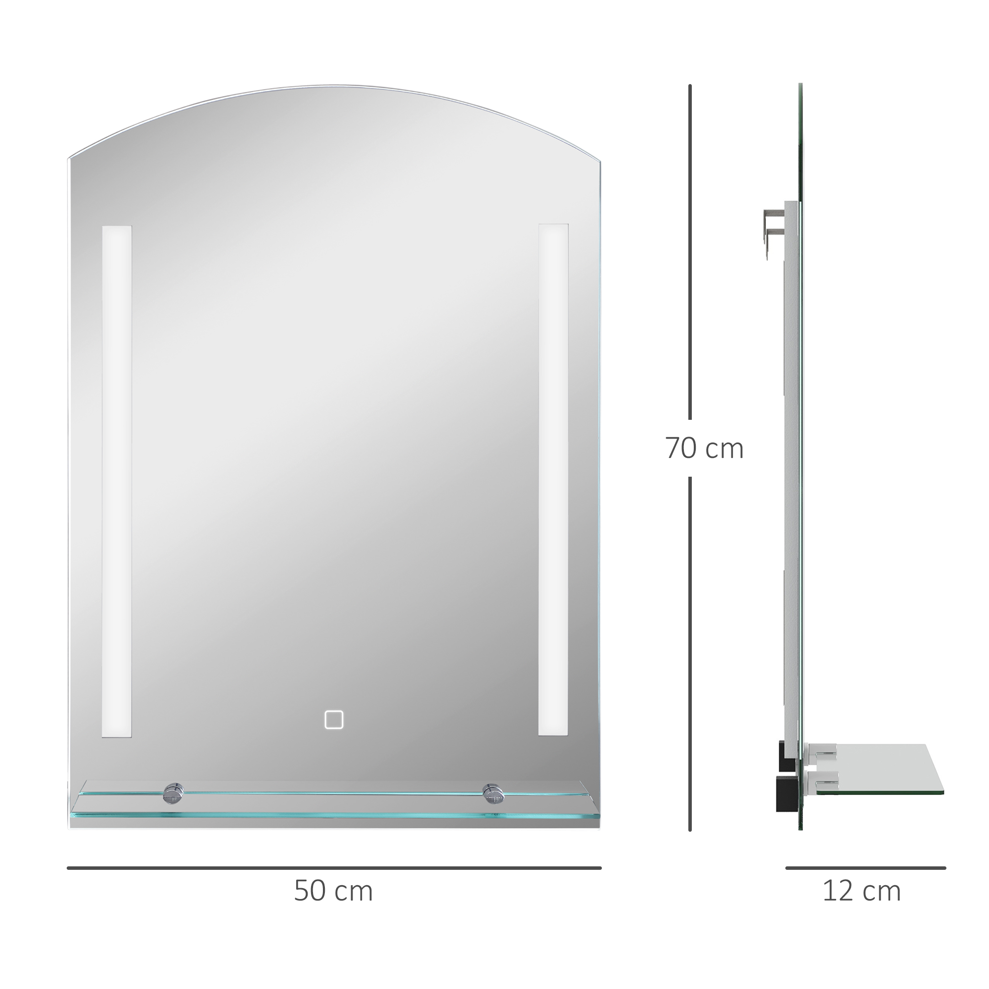 Espejo arqueado con luces y estante. Dimensiones en cm.