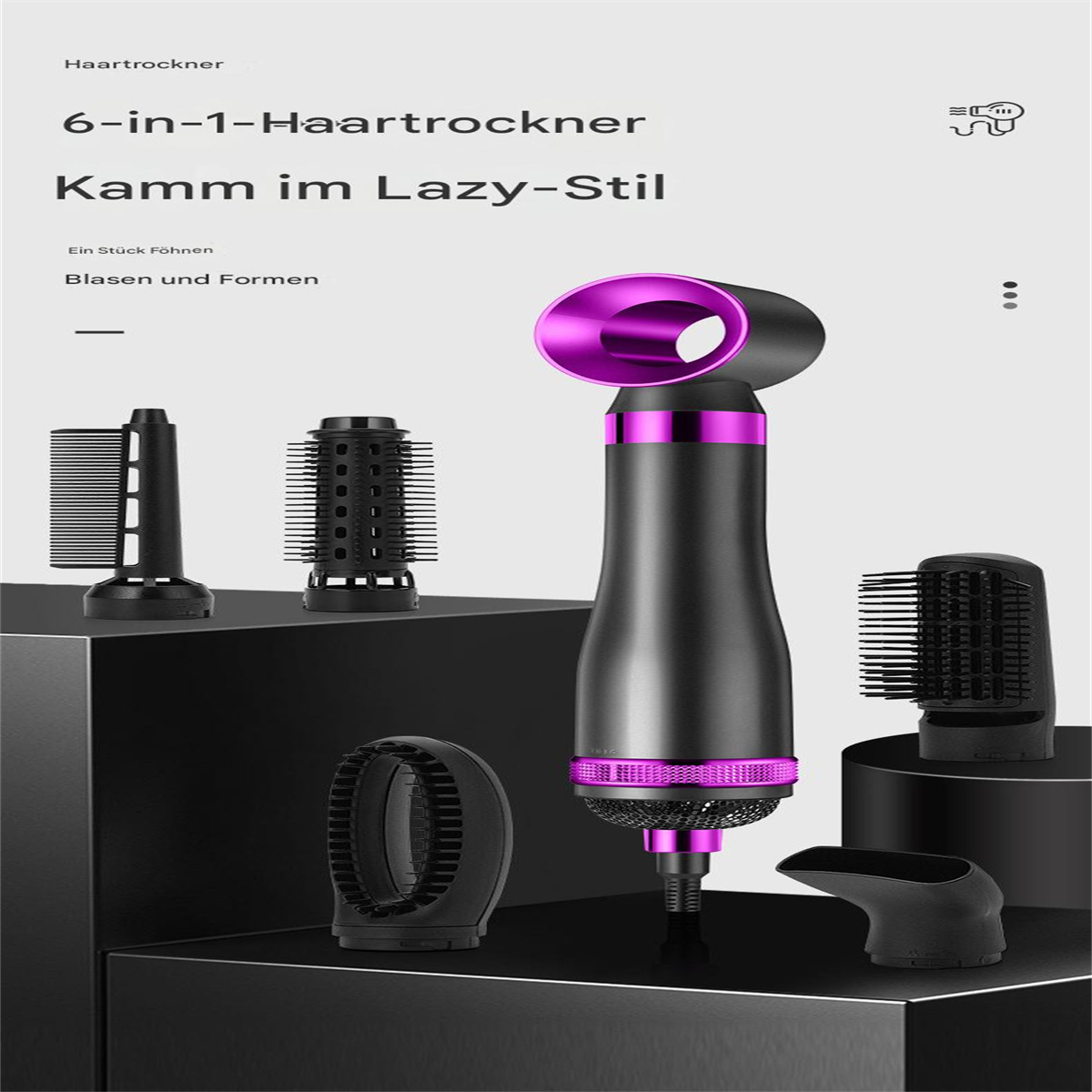 Ein schwarz-violetter Haartrockner und Zubehör vor dunklem Hintergrund.