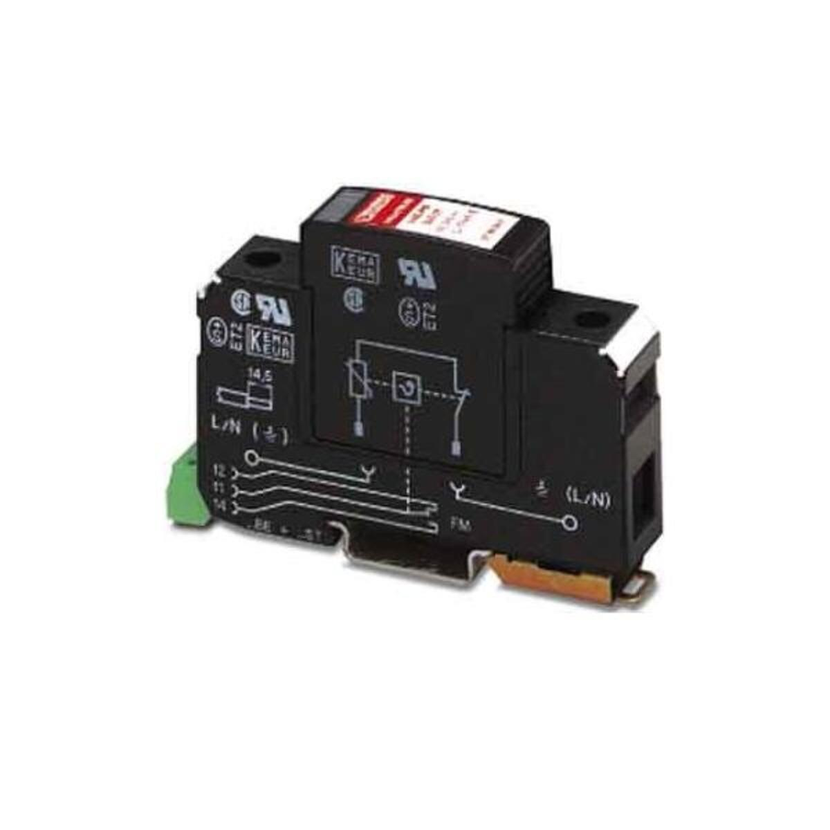 Czarny element elektryczny z etykietami i zaciskami. Zielona listwa zaciskowa. Białe tło.