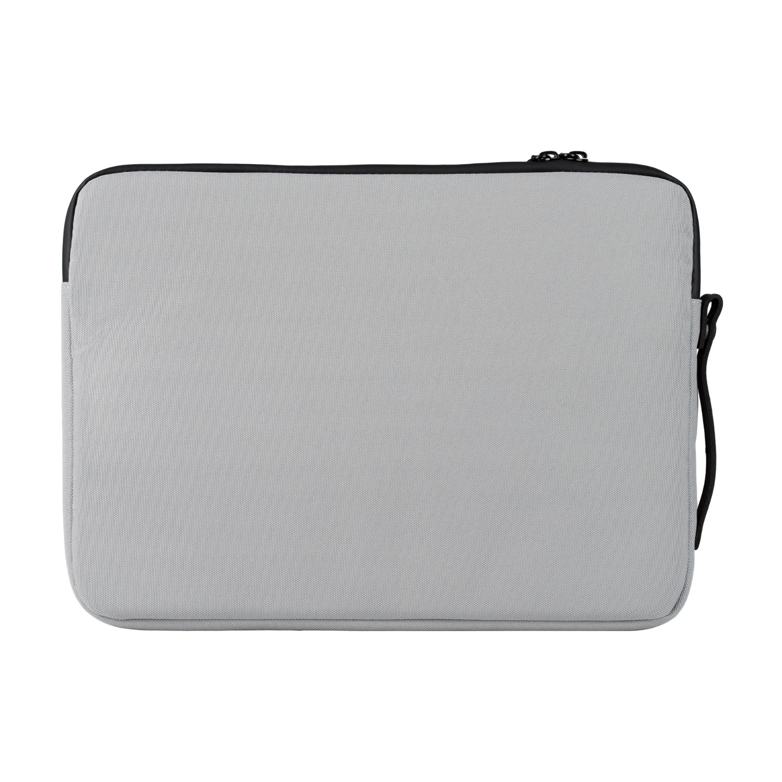 Jasnoszara torba na laptopa z czarnym zamkiem błyskawicznym i czarnym uchwytem.