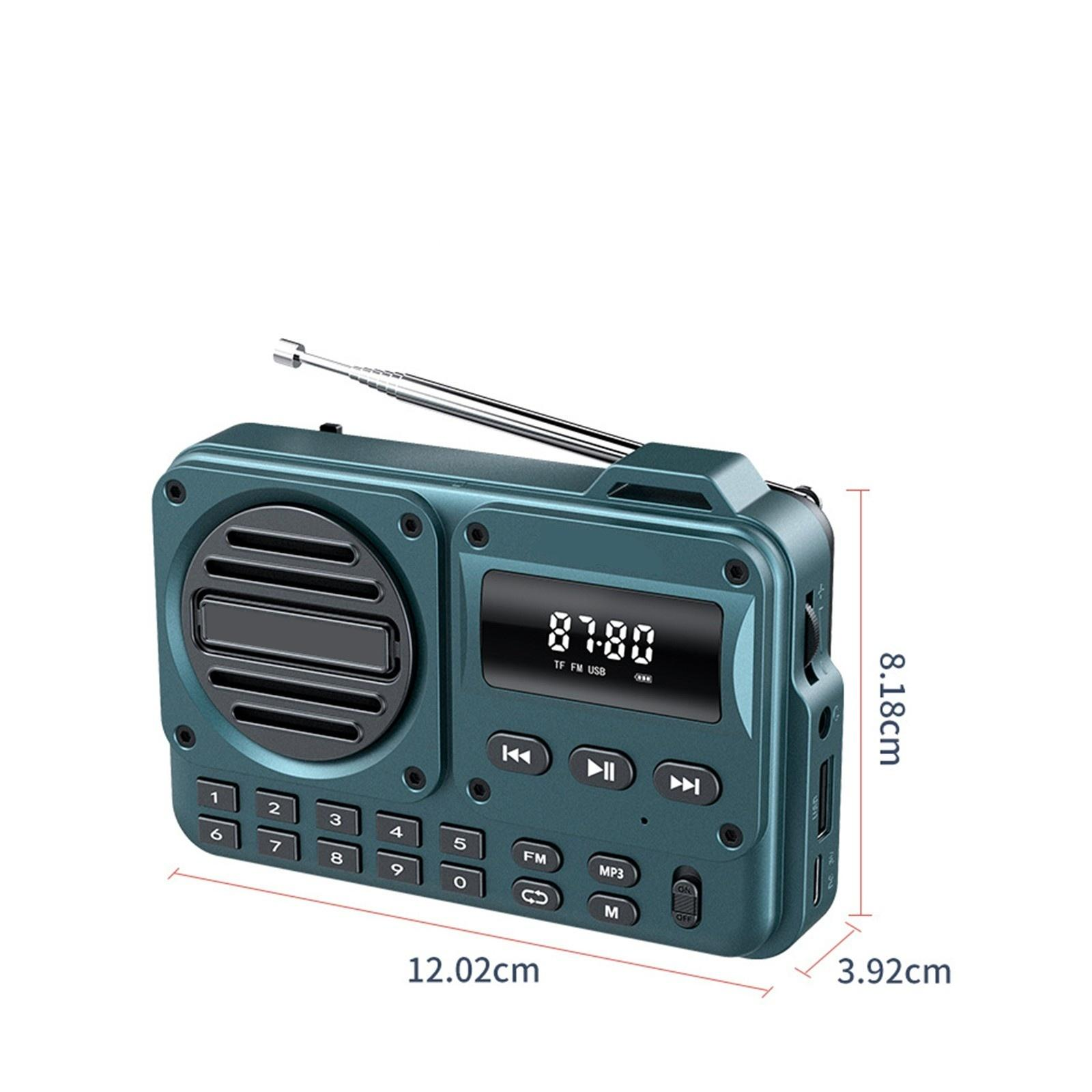 Türkisfarbenes Radio mit Knöpfen, Display und Antenne. Maße in cm und Zoll sind sichtbar.