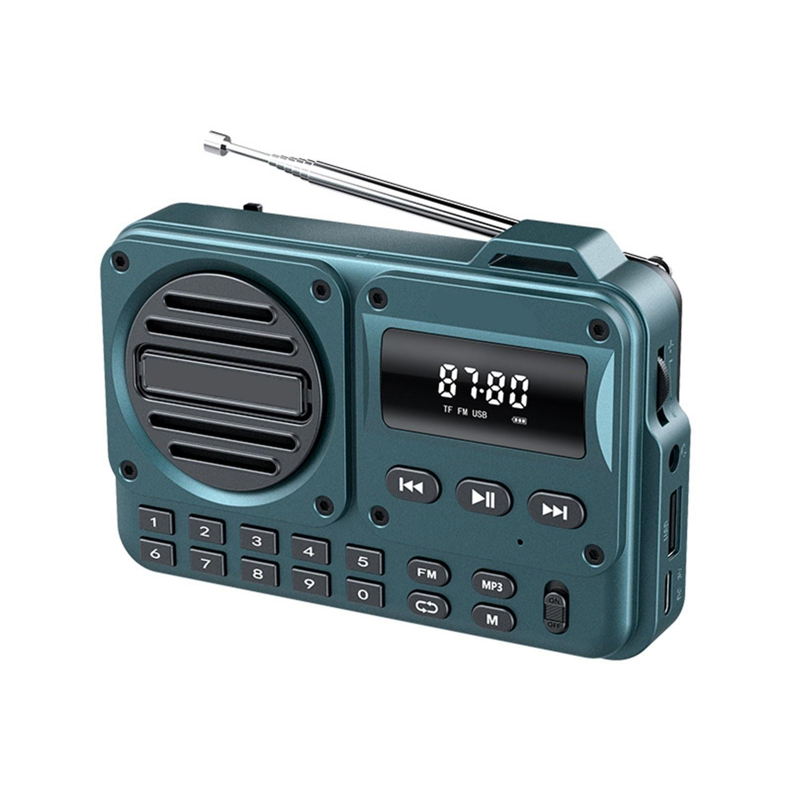 Türkisfarbenes Radio im Retro-Stil mit Bildschirm und Knöpfen. Antenne ausgezogen.