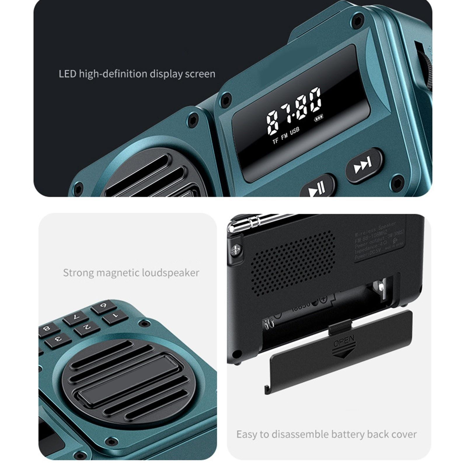 Nahaufnahme eines teal Radios mit Display, das 87.80 anzeigt, Lautsprechern und Tasten. Batteriefach offen.