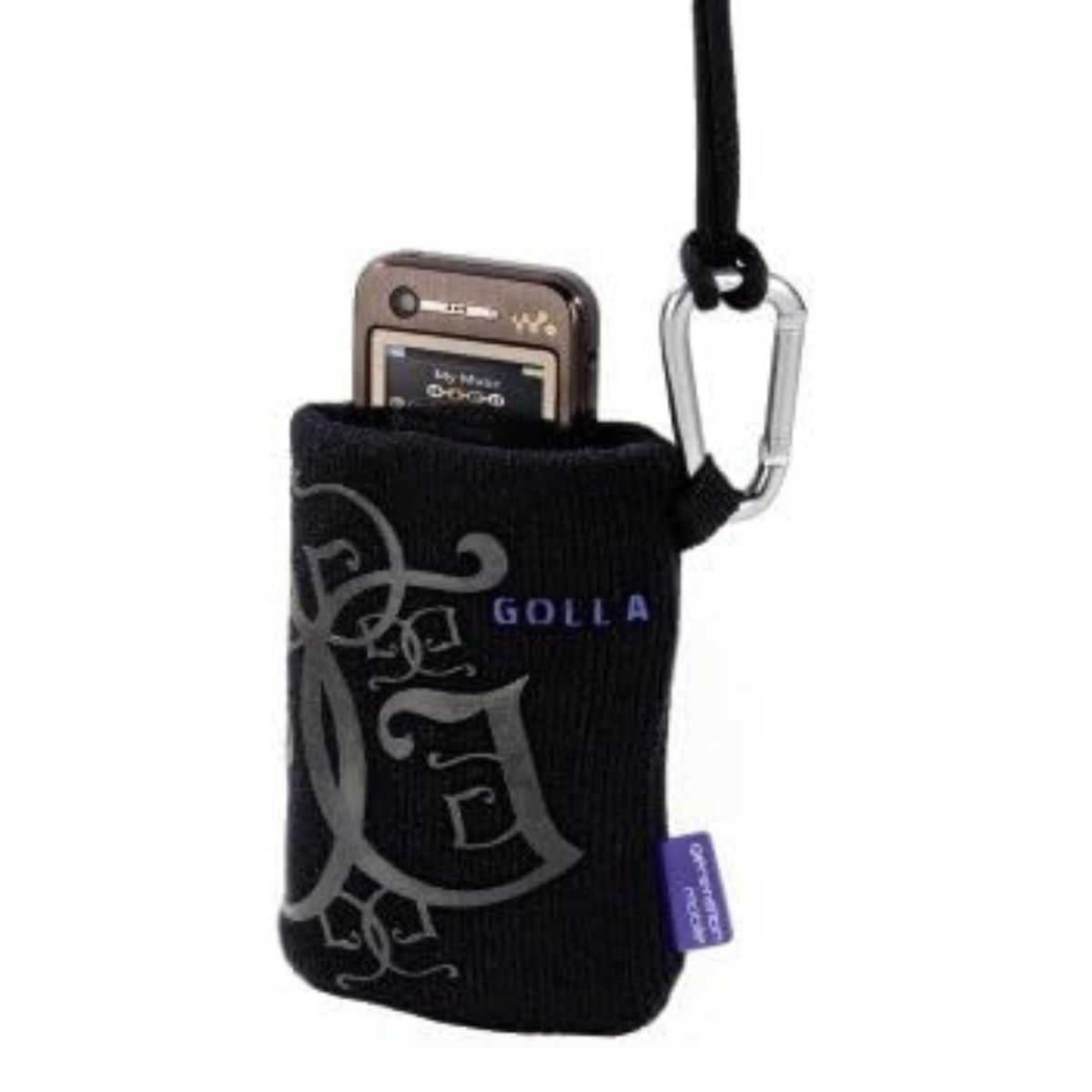 Schwarzes Golla-Etui mit einem Telefon darin. Ein Karabiner und ein Schlüsselband sind am Etui befestigt.