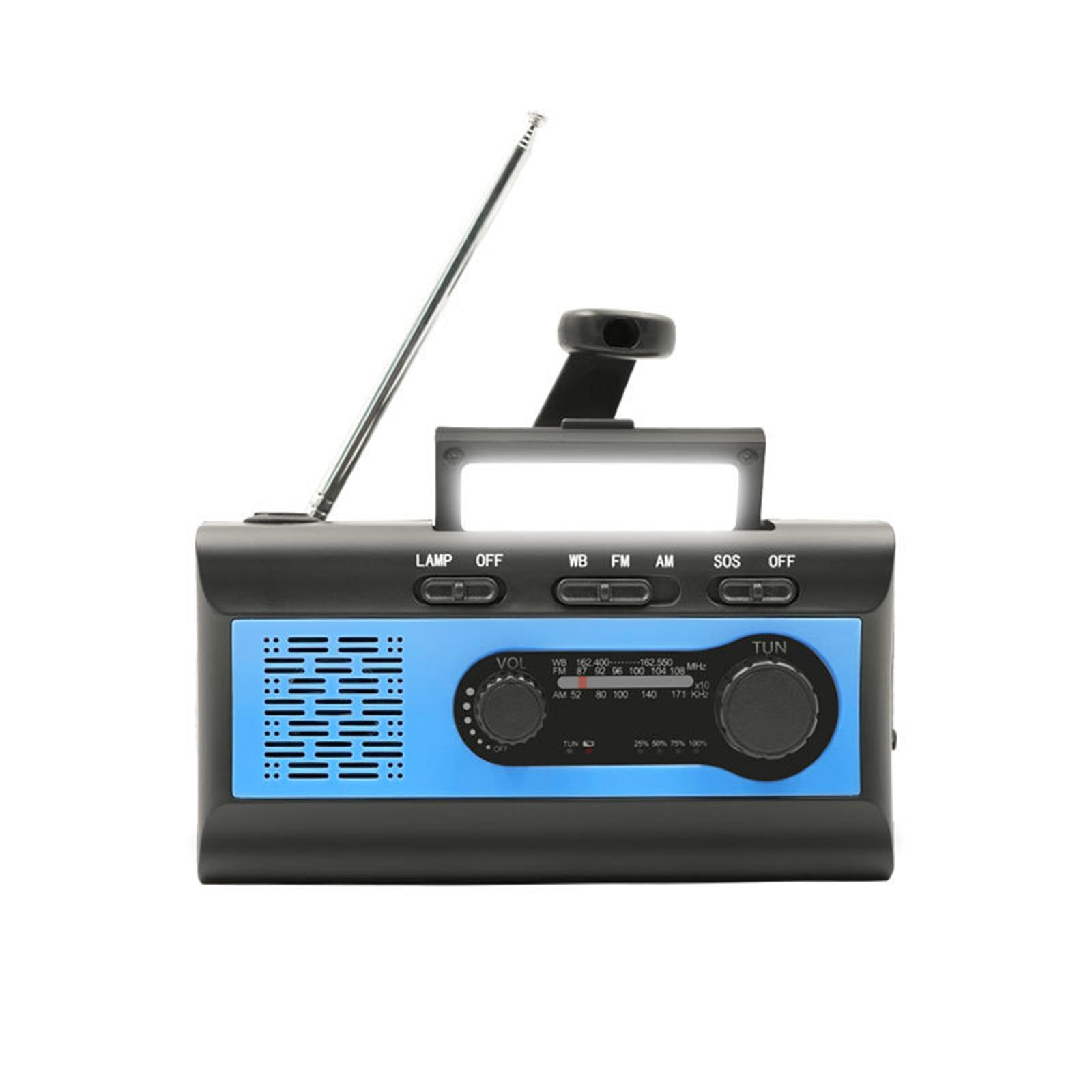 Schwarz-blaues Handkurbelradio mit Griff, Antenne und Funktionstasten.