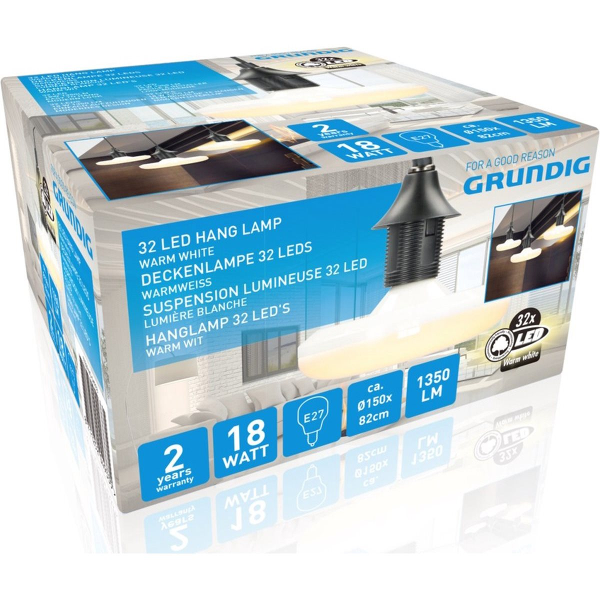 Une boîte de lampe suspendue Grundig 32 LED avec une image de la lampe et ses spécifications.