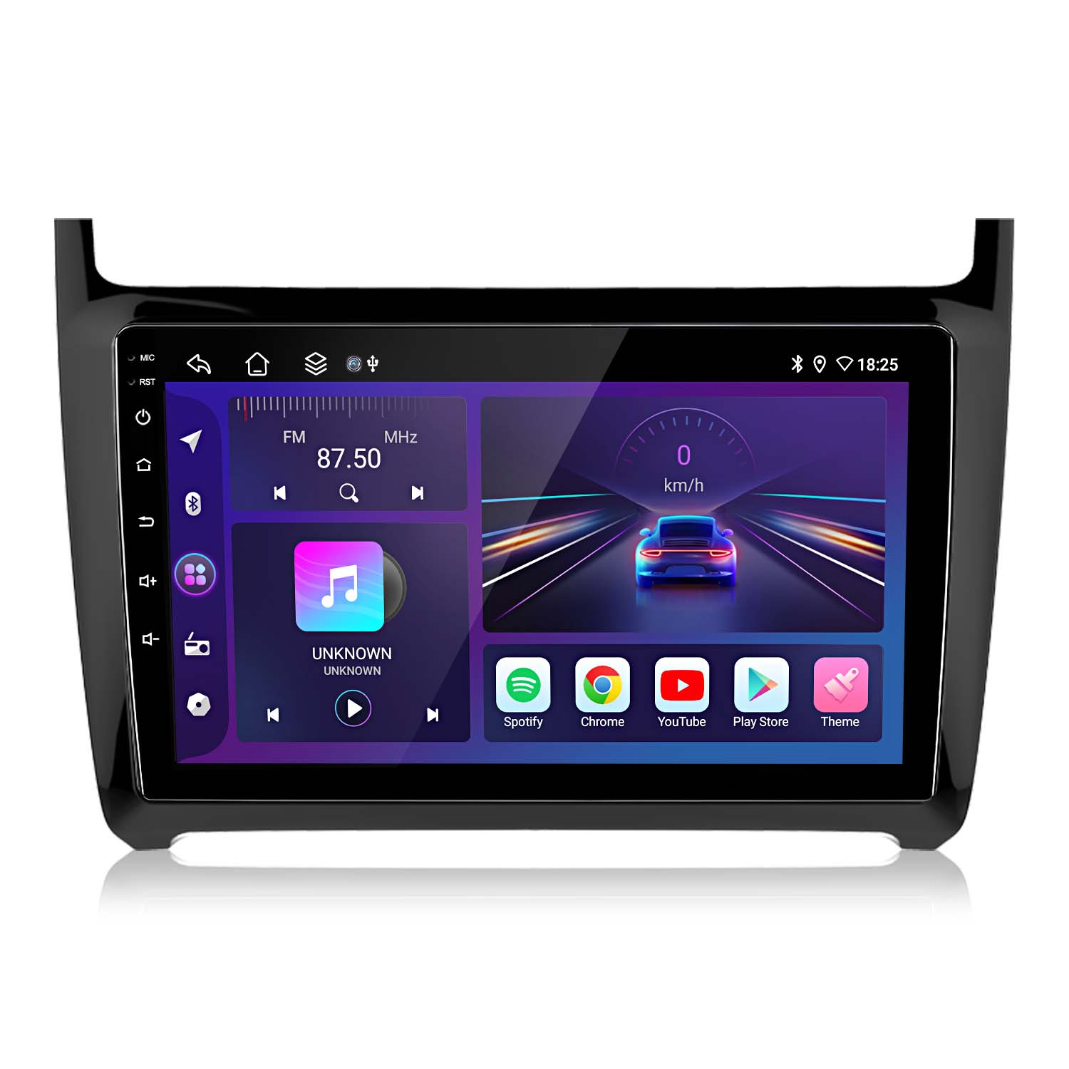 Autoradio mit Touchscreen, der eine Musikoberfläche und Fahrzeuginformationen anzeigt.