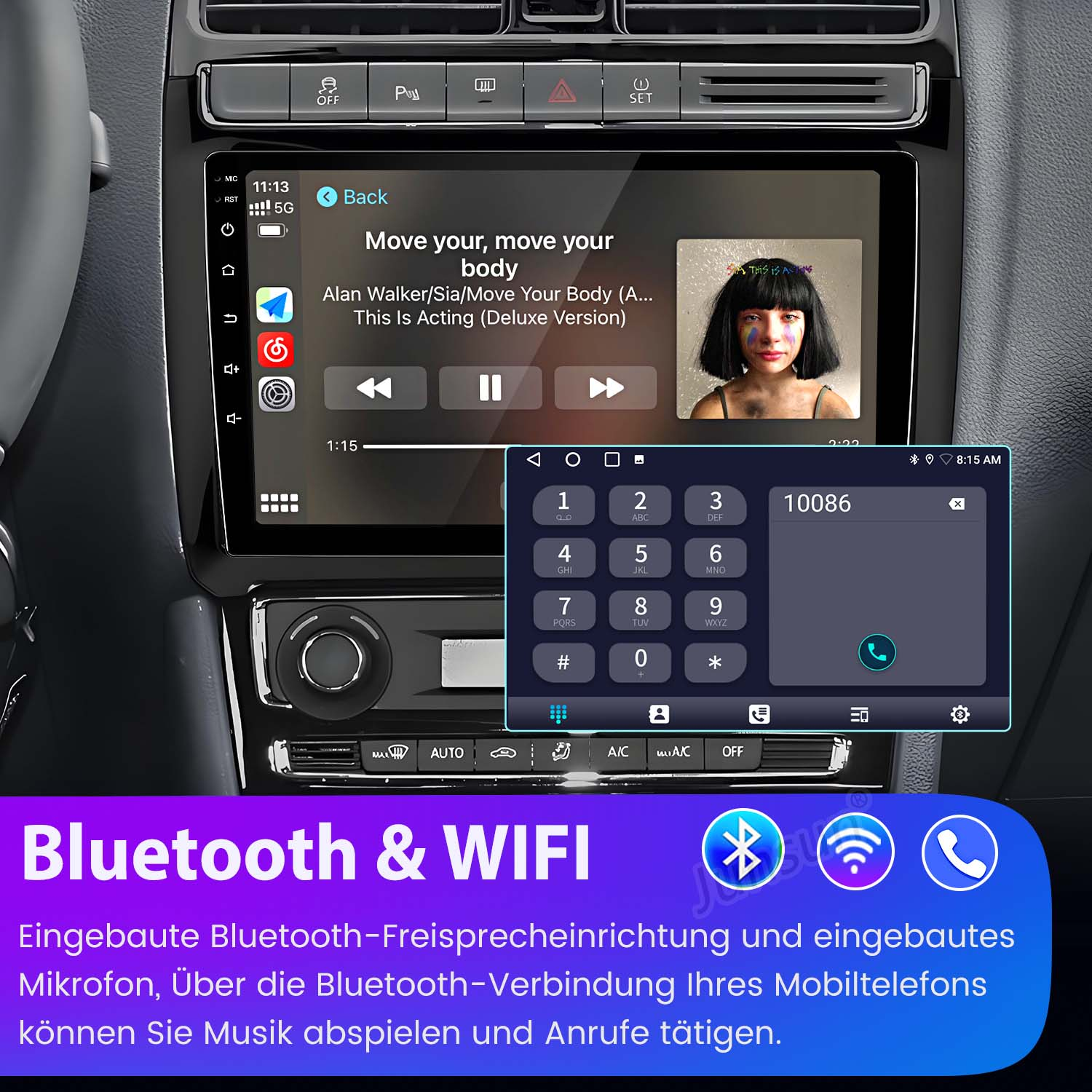 Auto-Infotainment-Bildschirm. Zeigt Musikwiedergabe, eine Telefonwählscheibe und das Innere eines Autos.