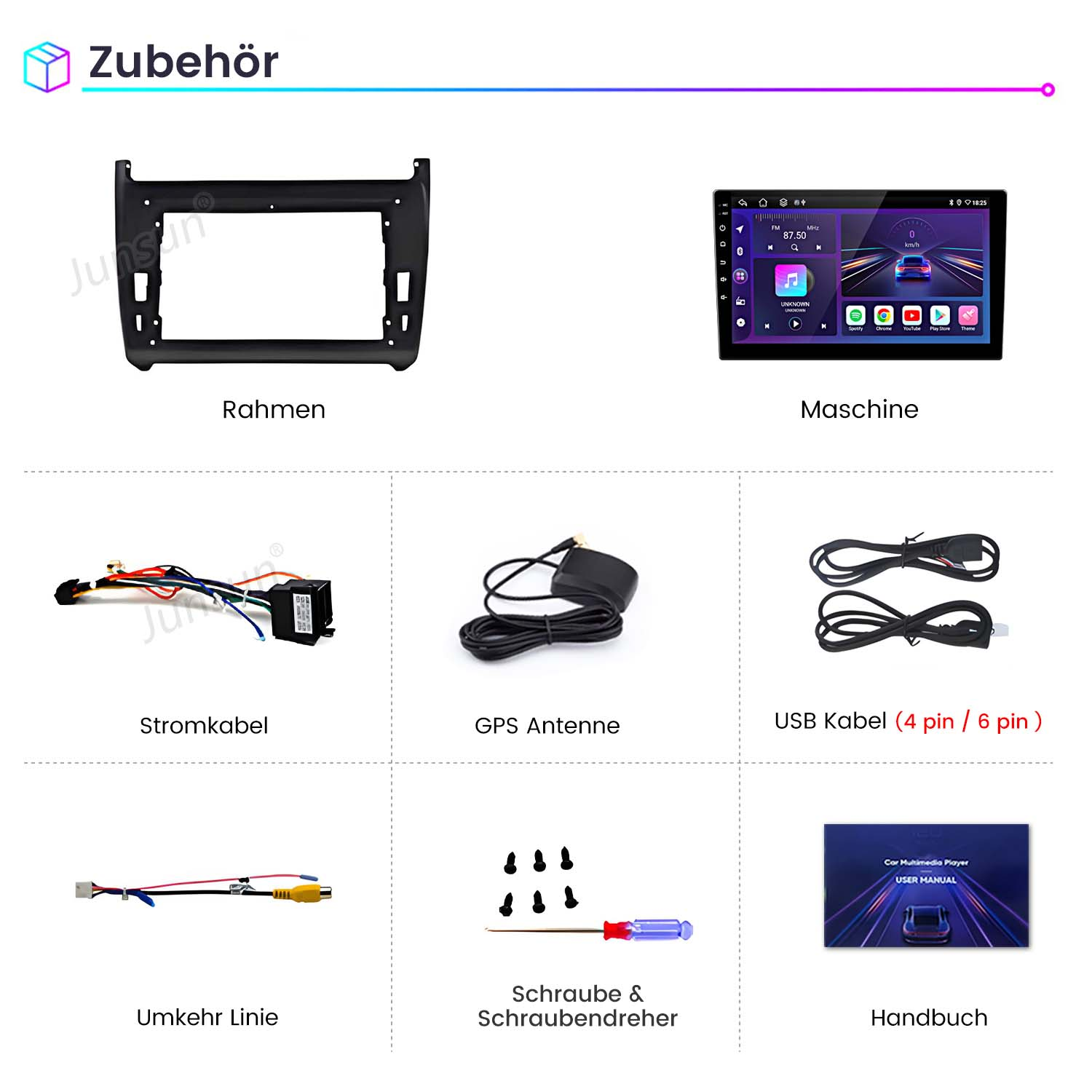 Auto-Multimedia-Zubehör. Rahmen, Maschine, Kabel, GPS-Antenne, Schrauben, Handbuch.