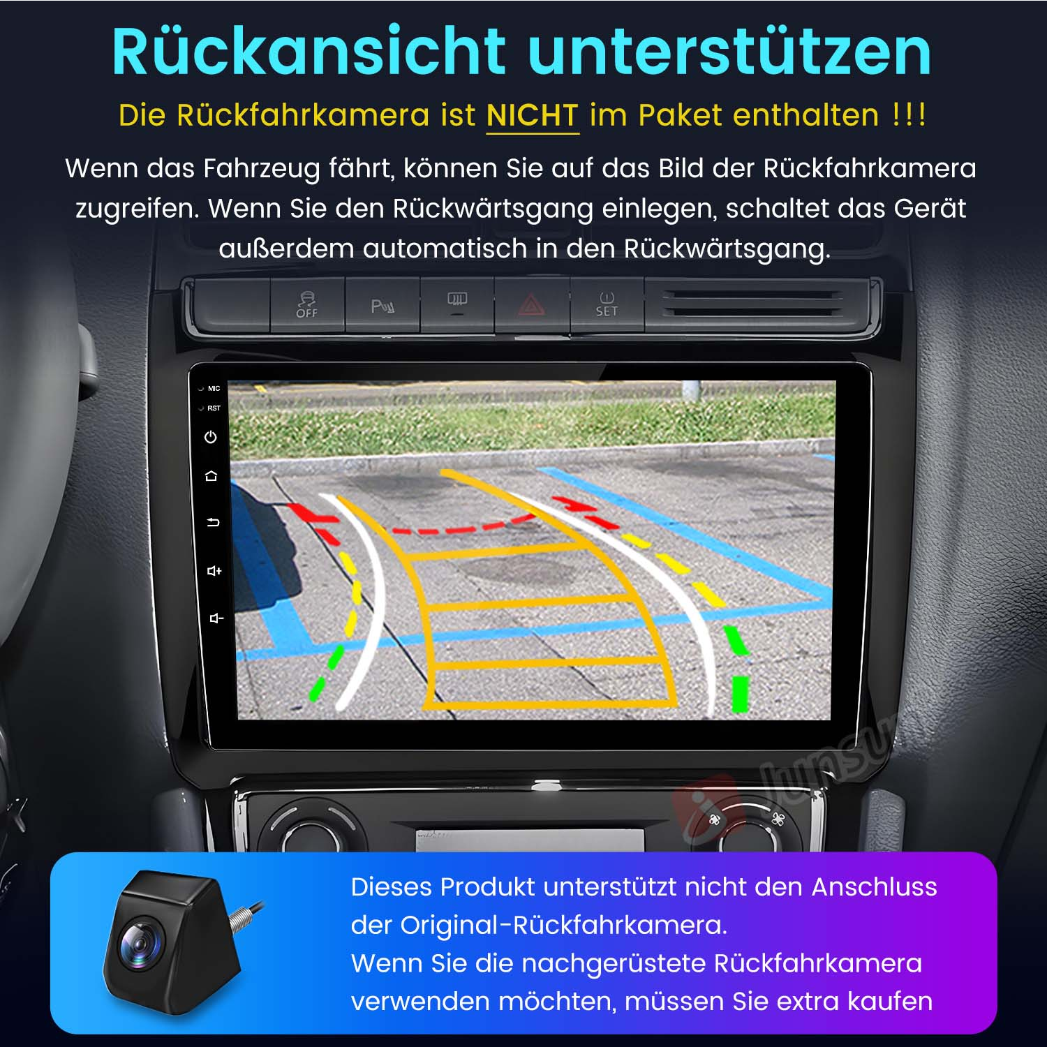 Autoradio-Bildschirm zeigt eine Rückfahrkamera-Anzeige.
