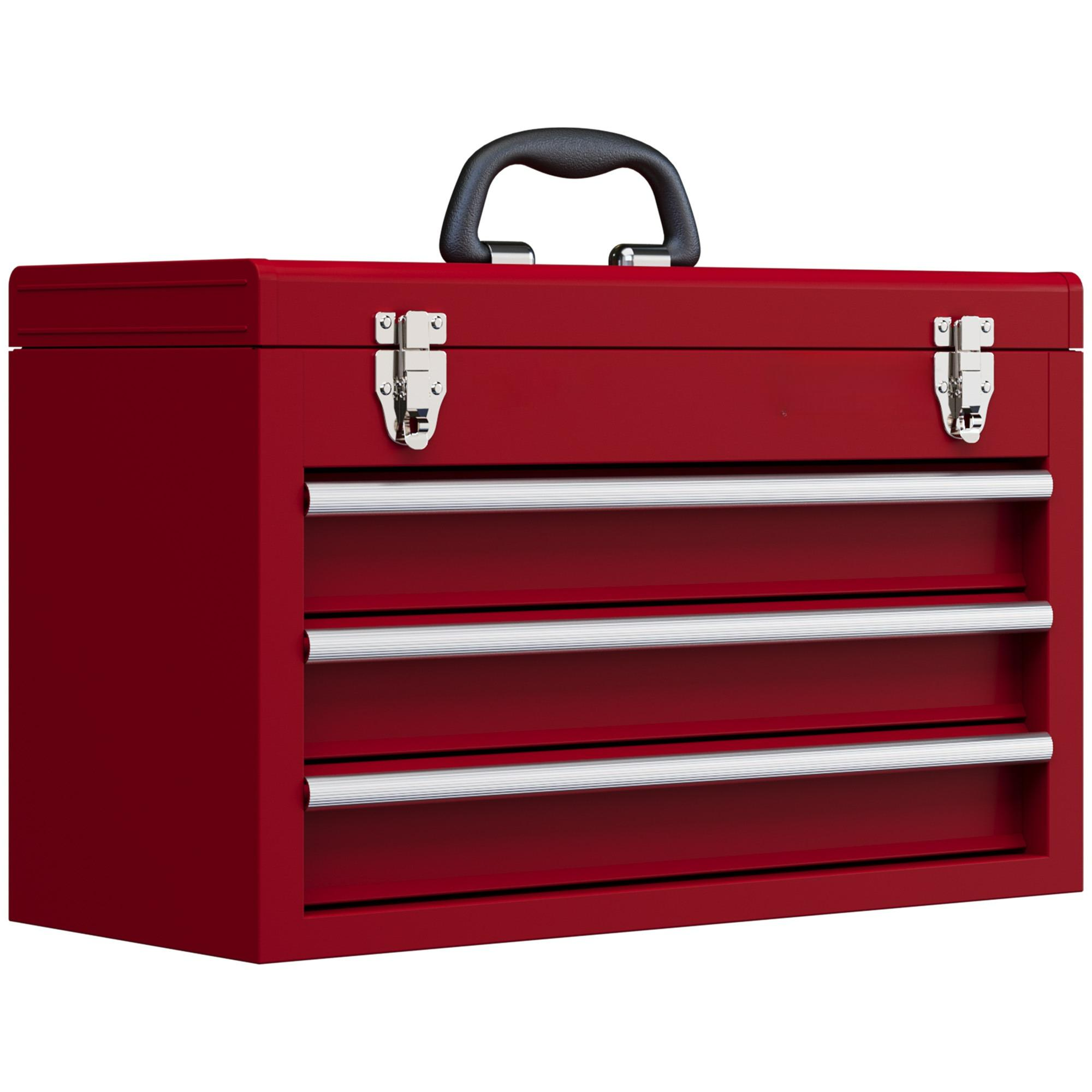 Roter Werkzeugkasten mit Griff und drei Schubladen.