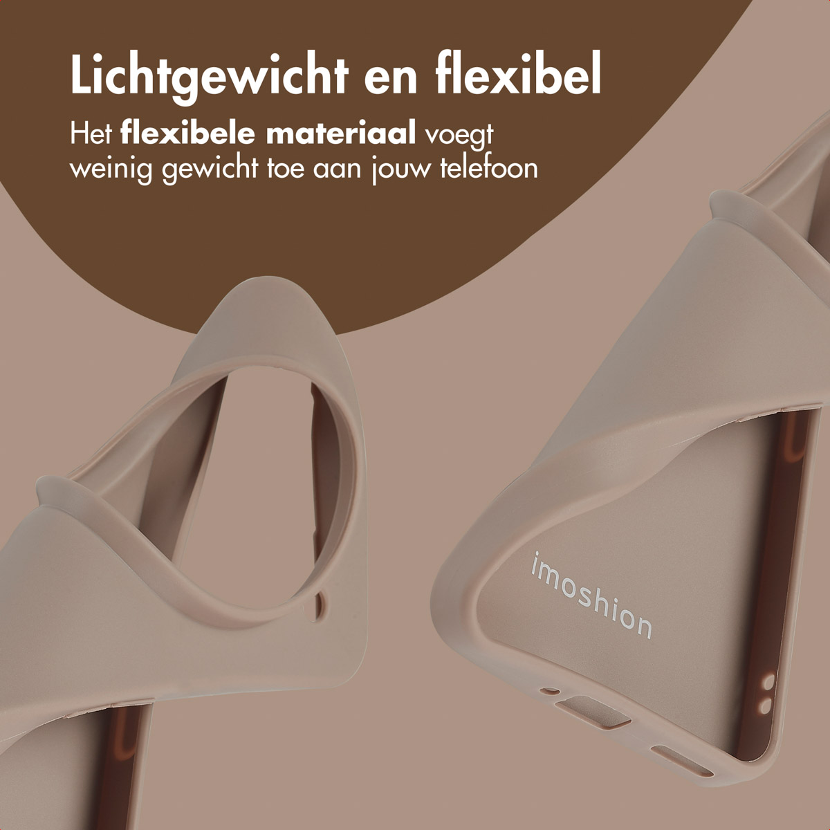 Deux coques de téléphone beiges, montrant le matériau souple. Texte : "Léger et flexible".