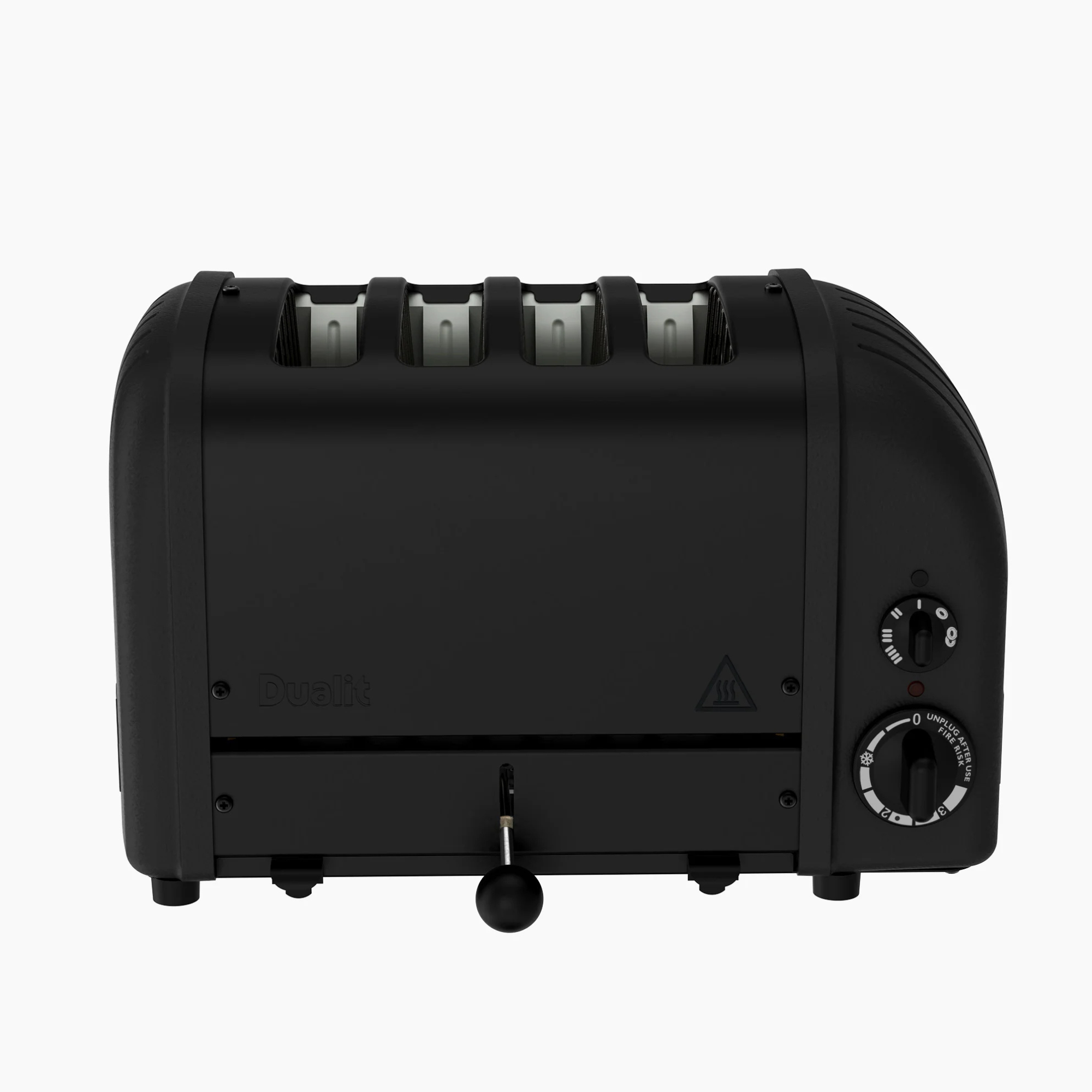 Schwarzer Toaster mit vier Schlitzen. Knöpfe an der Seite. Dualit-Logo vorne.