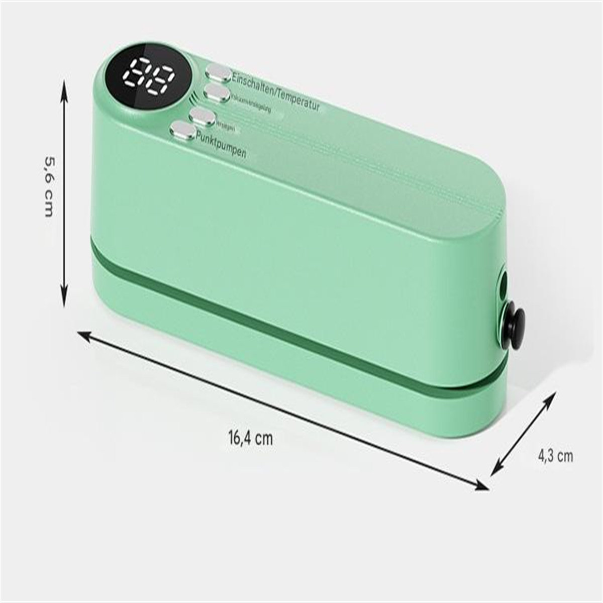 Ein grünes Vakuumiergerät mit angegebenen Abmessungen. Es ist 16,4 cm lang und 4,3 cm breit.