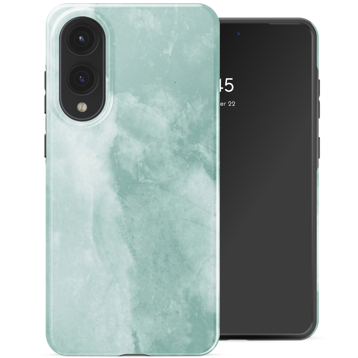 Un telefono con custodia in marmo verde. Il telefono è nero con un rialzo della fotocamera.