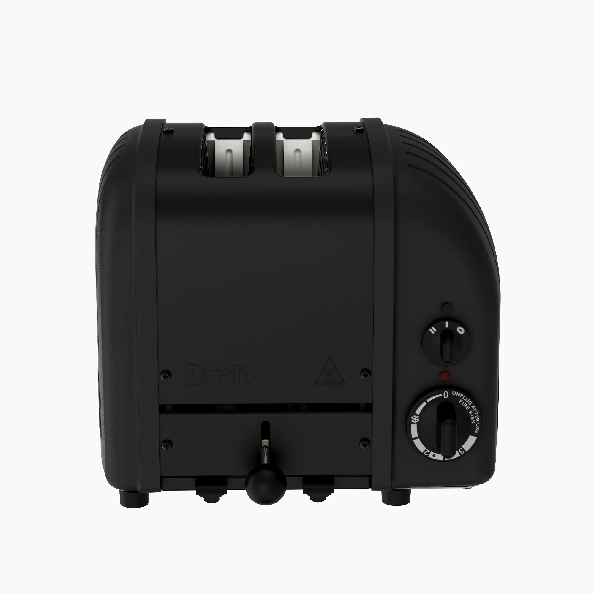 Schwarzer Toaster mit zwei Schlitzen, Drehknöpfen und dem Markennamen Dualit.