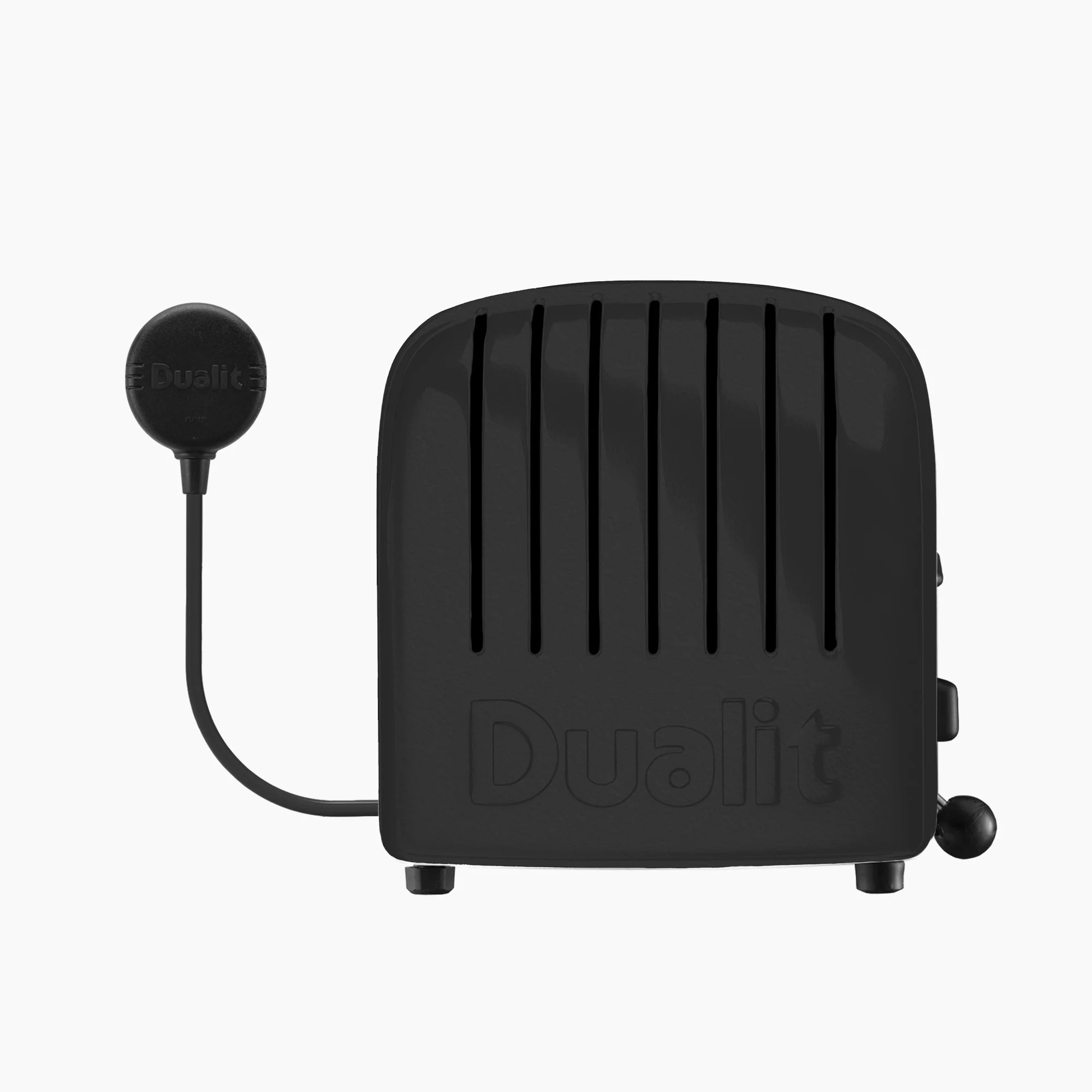 Schwarzer Toaster mit rundem Griff an der Seite. Dualit-Logo auf der Vorderseite.