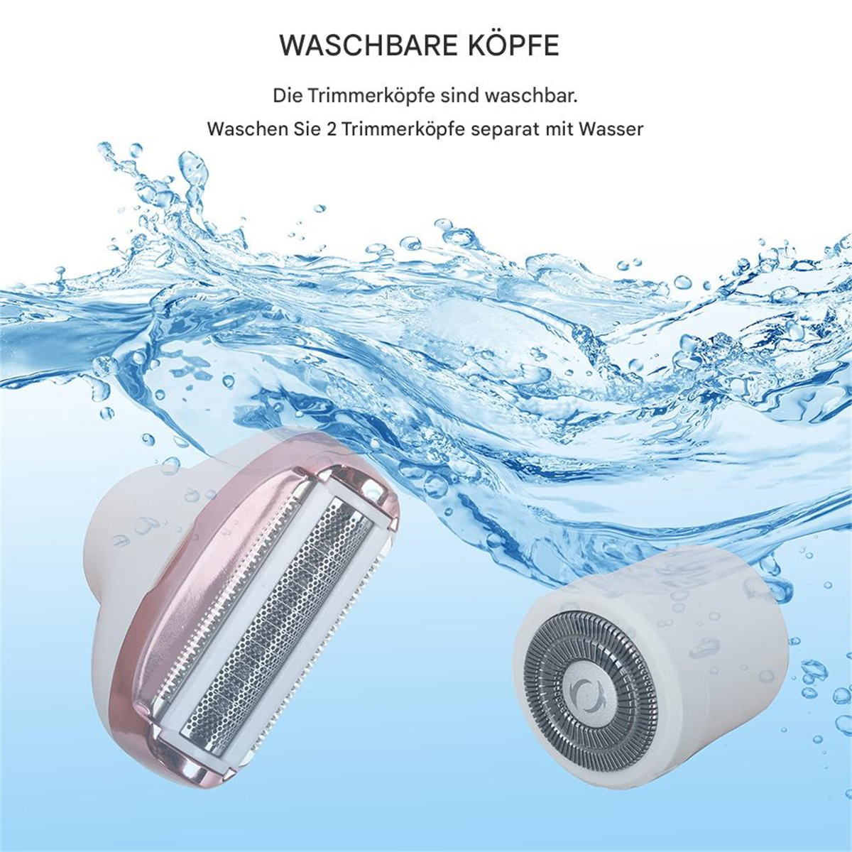 Zwei elektrische Rasierer in Wasser, mit Text, der auf waschbare Köpfe hinweist.