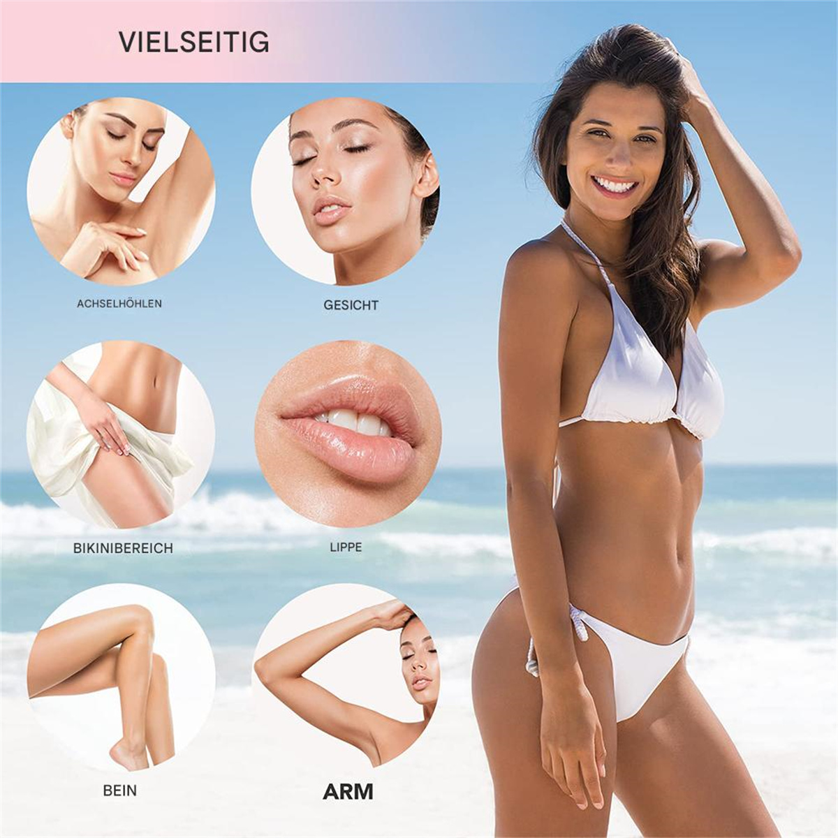 Frau im Bikini am Strand, Bilder mit Körperteilen und Text auf Deutsch.
