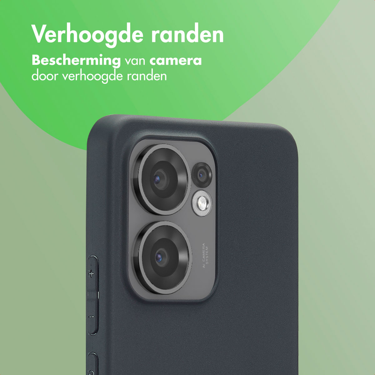 Primo piano di una custodia per telefono blu scuro con bordi rialzati attorno alle lenti della fotocamera.