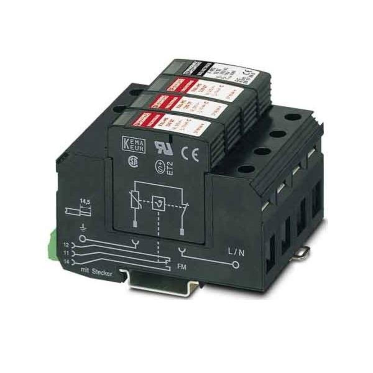 Czarny element elektryczny z kilkoma czerwonymi i białymi etykietami. Posiada zaciski wejściowe i wyjściowe.