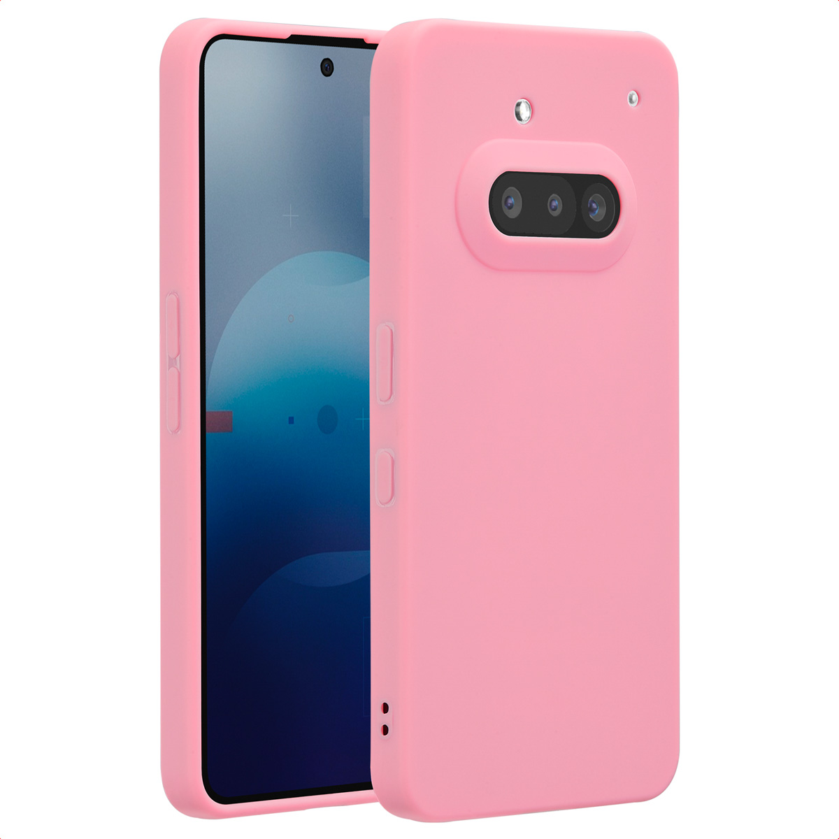 Roze telefoonhoes met drie cameralenzen en twee knoopsgaten. De telefoon ligt op zijn kant.