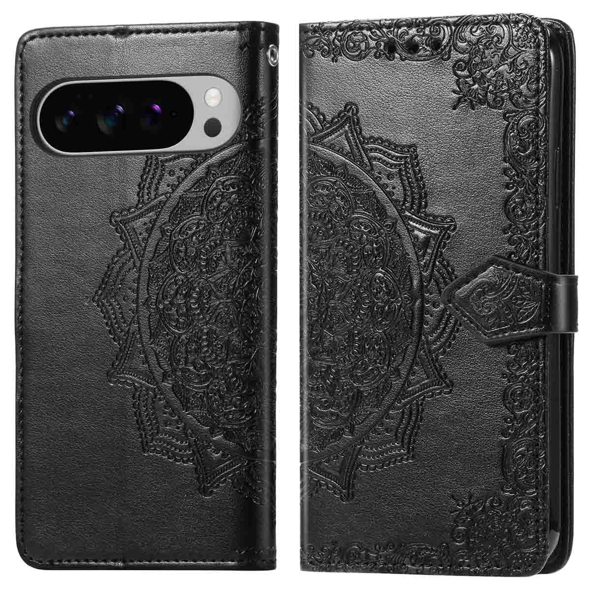 Zwart telefoonhoesje met een bloemenpatroon. De hoes is open om een telefoon te laten zien.