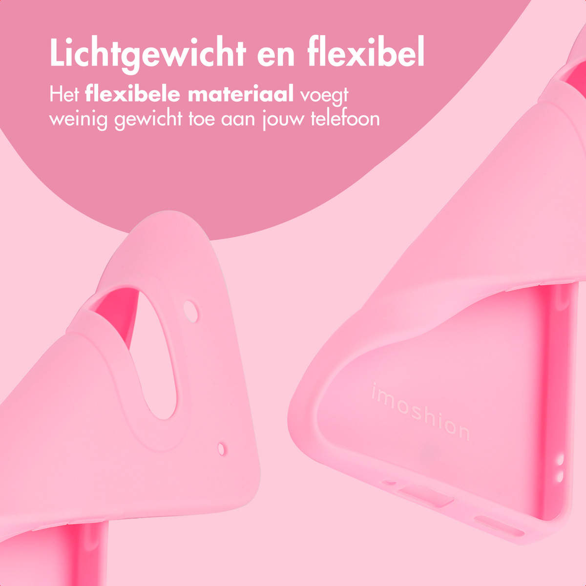Roze telefoonhoesje. De telefoonhoes is flexibel en heeft een gladde en afgeronde vorm.