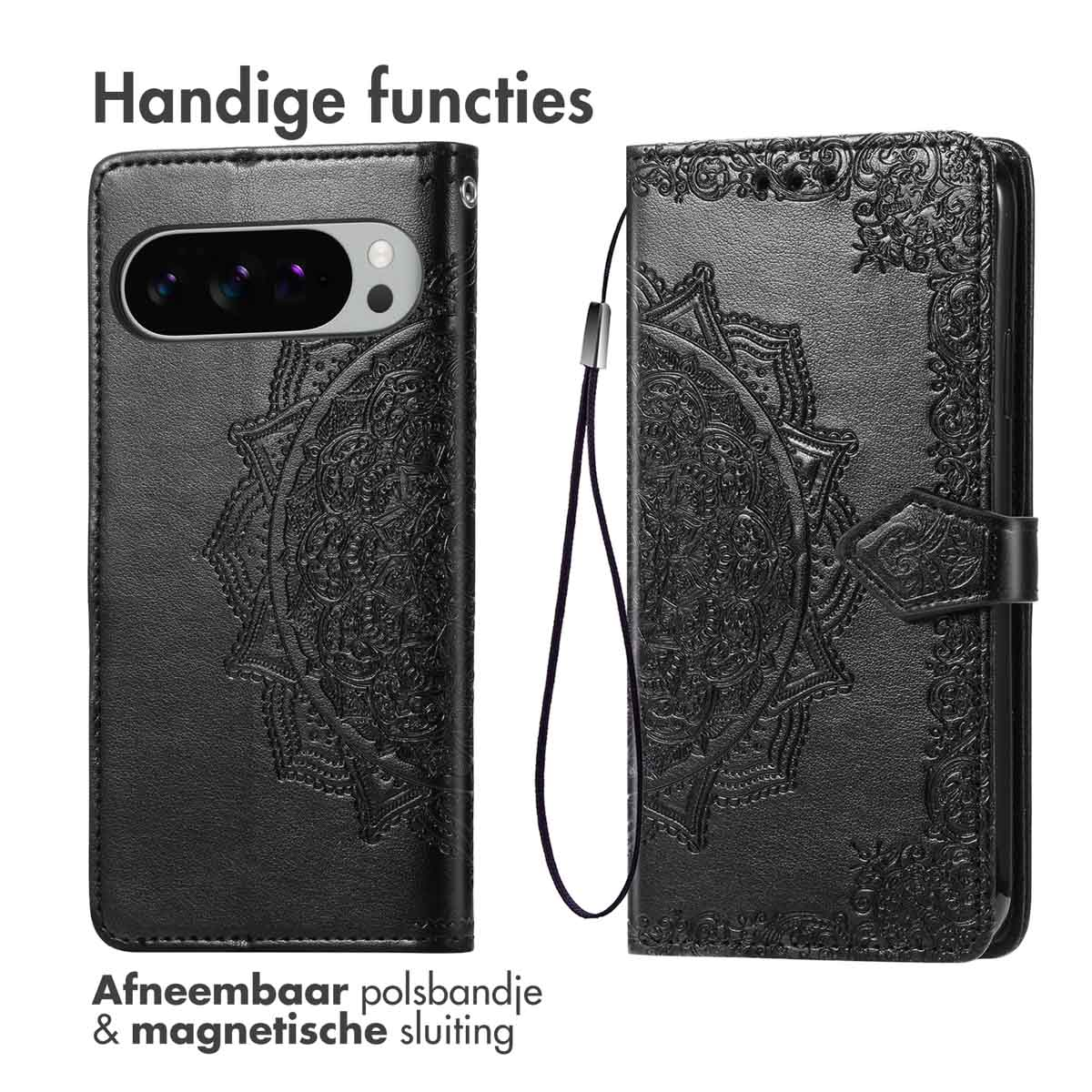 Zwarte telefoonhoes met mandala-ontwerp. Met afneembare polsband en magnetische sluiting.